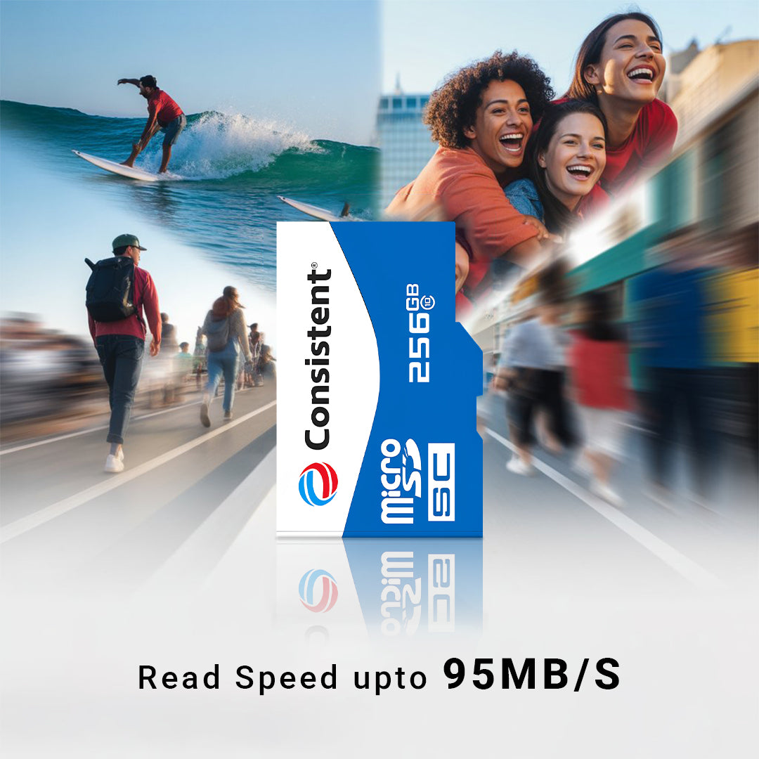 Consistent 256GB micro SD card for 4K video recording, with 90MB/s read speed and 45MB/s write speed, 5-year warranty