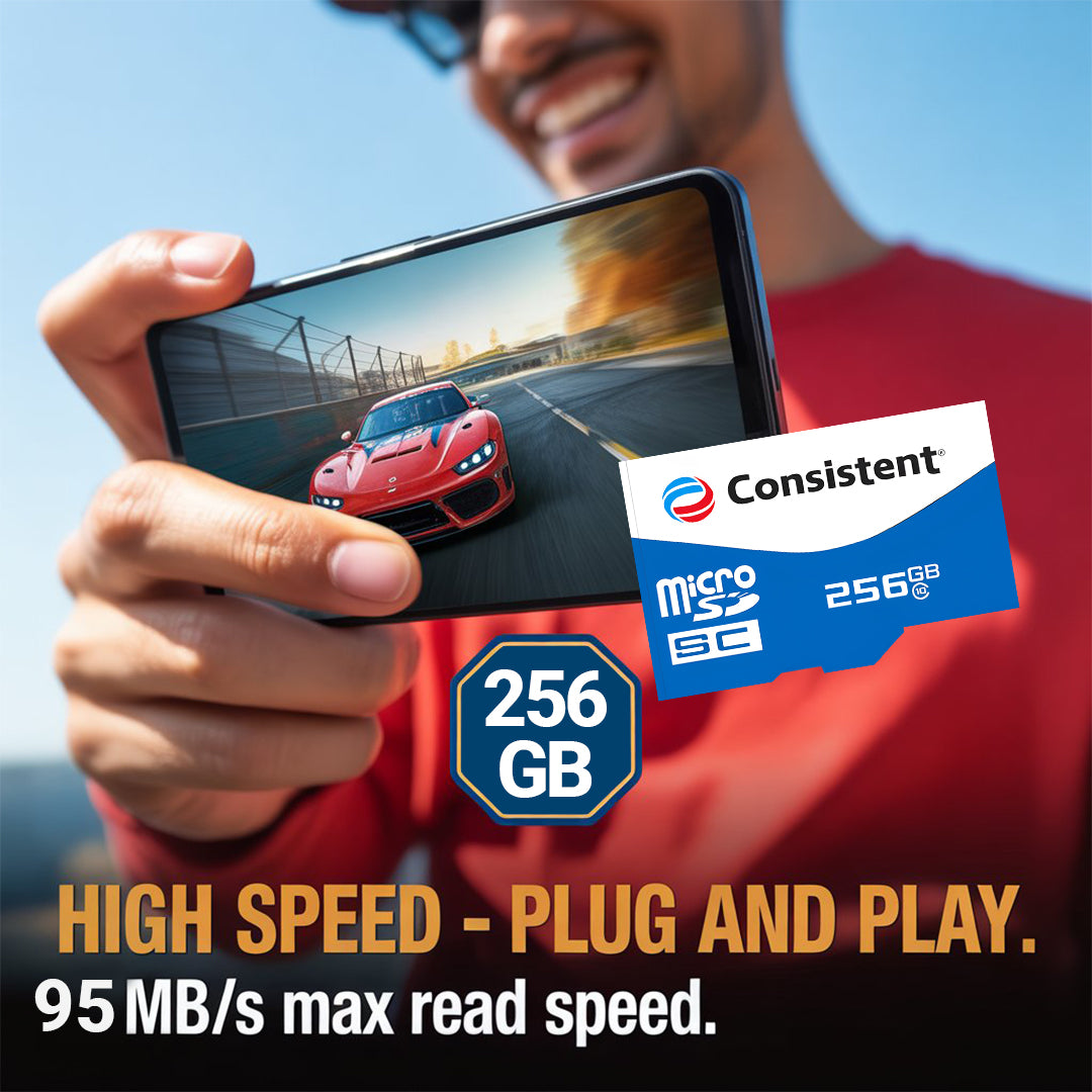 Consistent 256GB microSD card for 4K video recording, with up to 90MB/s read and 45MB/s write speeds, 5-year warranty