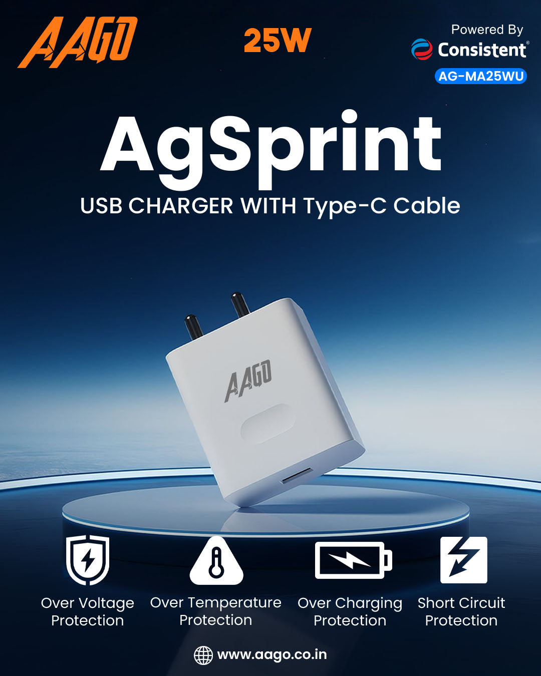 AAGO AgSprint 25W USB Charger with Type-C Cable | Fast Charging Adapter | AG-MA25WU