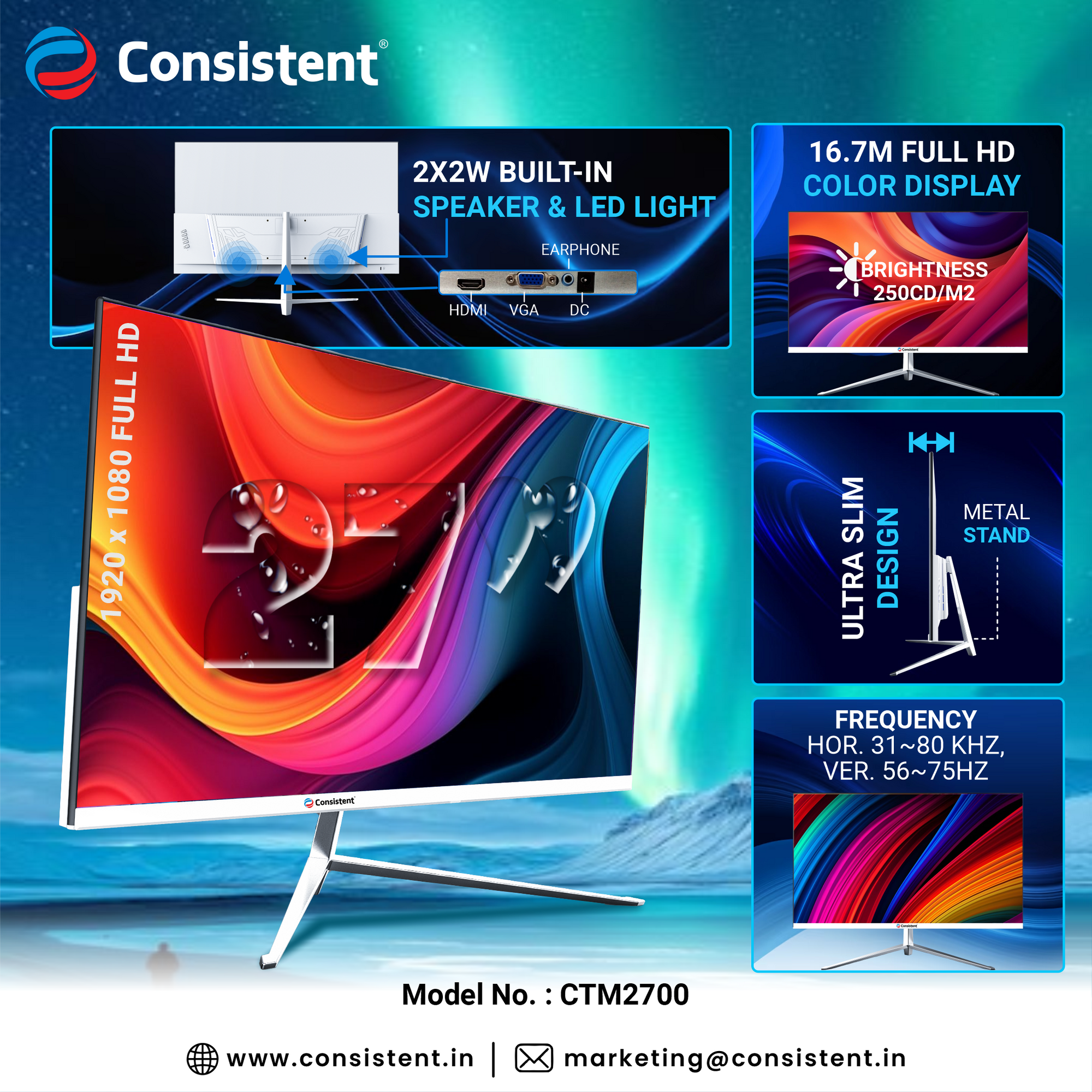 Consistent 27-inch LED monitor with VGA, HDMI, earphone out, and DC input; 1920x1080 Full HD display with slim bezel.