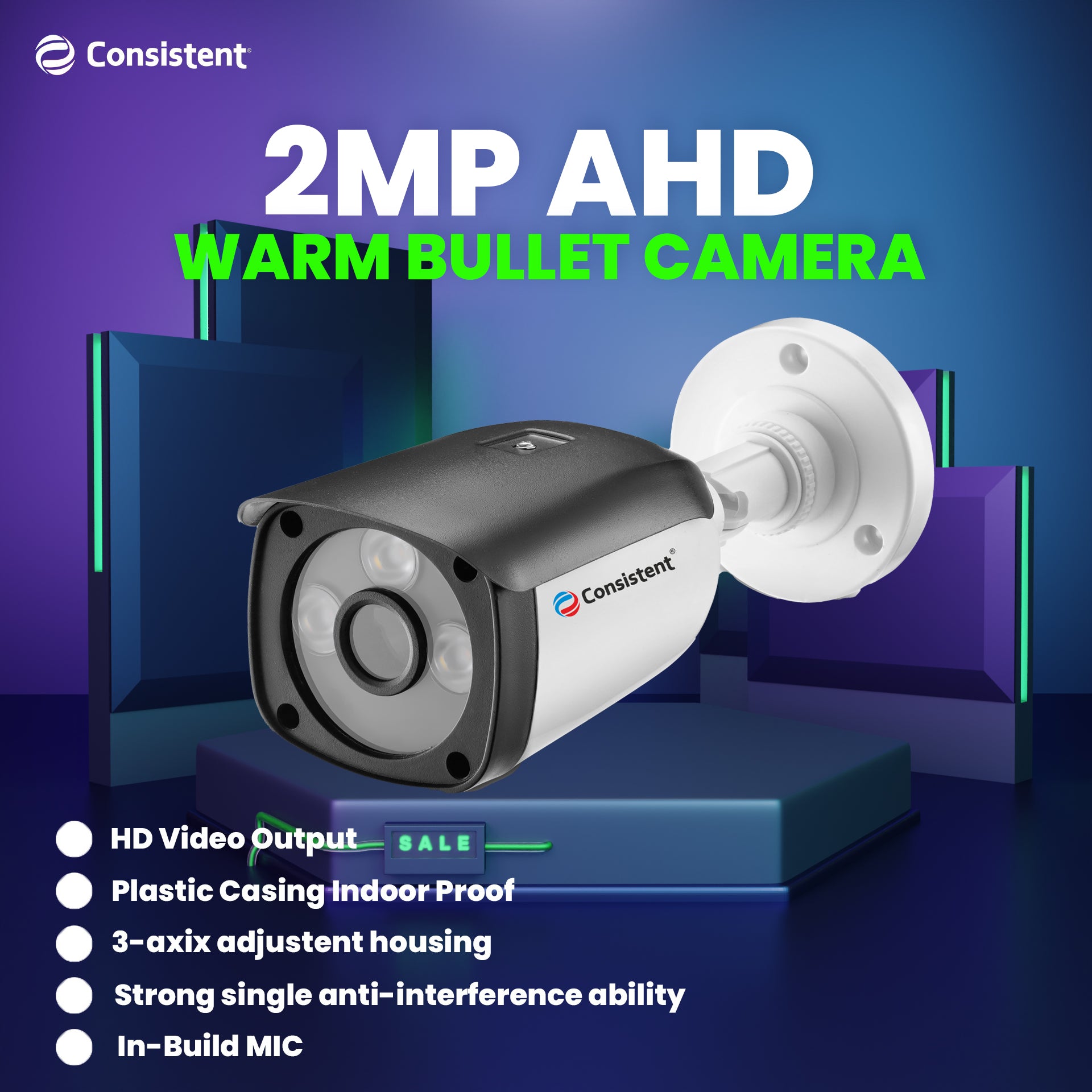 Consistent 2MP CCTV AHD BULLET CAMERA (CTCMHBW2MPA), |Support: Audio (TVI , CVI)  | Multiple Angle Adjustment | 3D Noise Reduction | Lens 3.6 mm Fixed lens