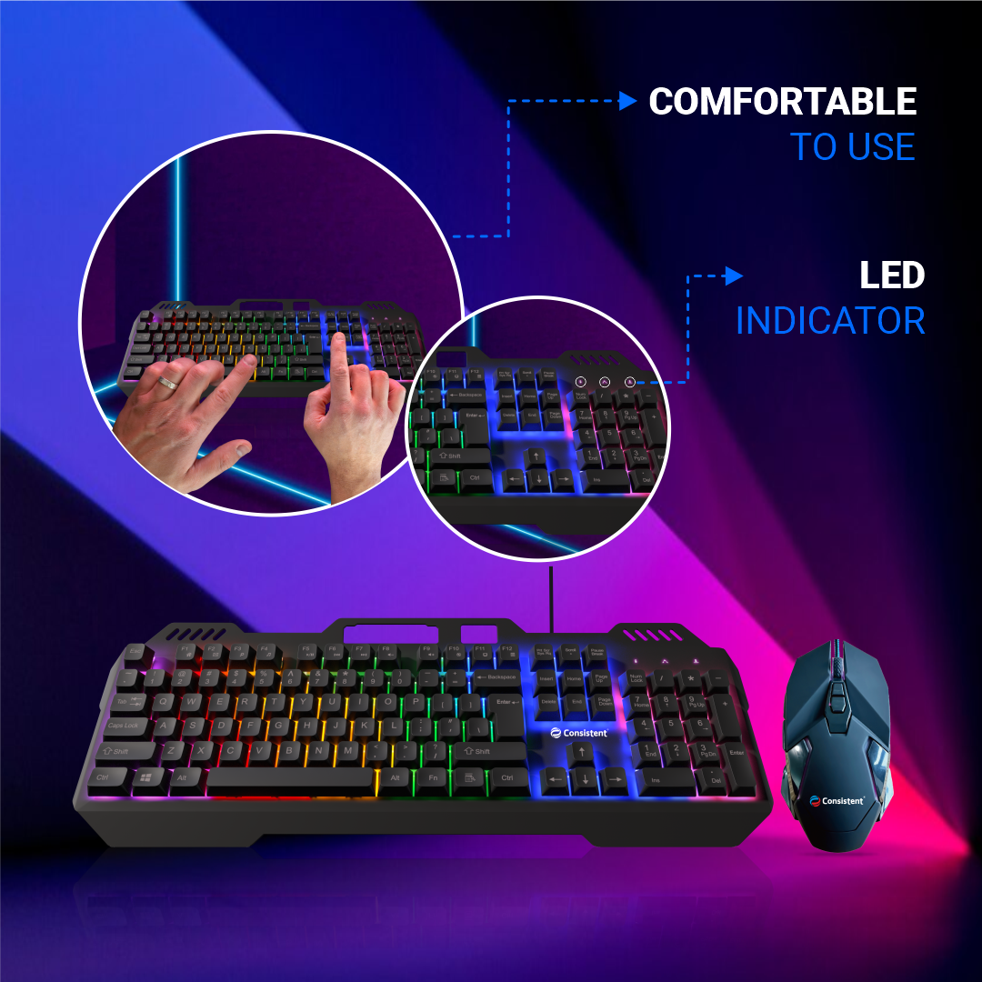 Consistent Black Panther Gaming Combo Wired Mouse & Keyboard (CTGK1150) for Windows, USB Plug-and-Play, Keystrokes, Rainbow Breath Light, 1.5 Cable Length, DPI-3600 7D Mouse.