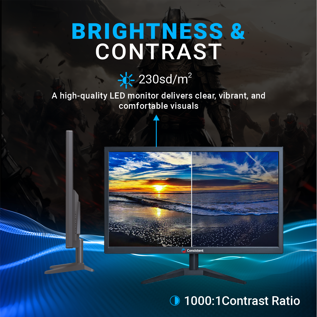 Consistent 2100 19.5" inch (49.53 cm) Wide Display 1920 x 1080 Pixels Full HD Ultra-Slim Monitor, Anti-Glare, Brightness Intelligence, HDMI, Inbuilt Speakers, Framless (Black) 3 Years Warranty.