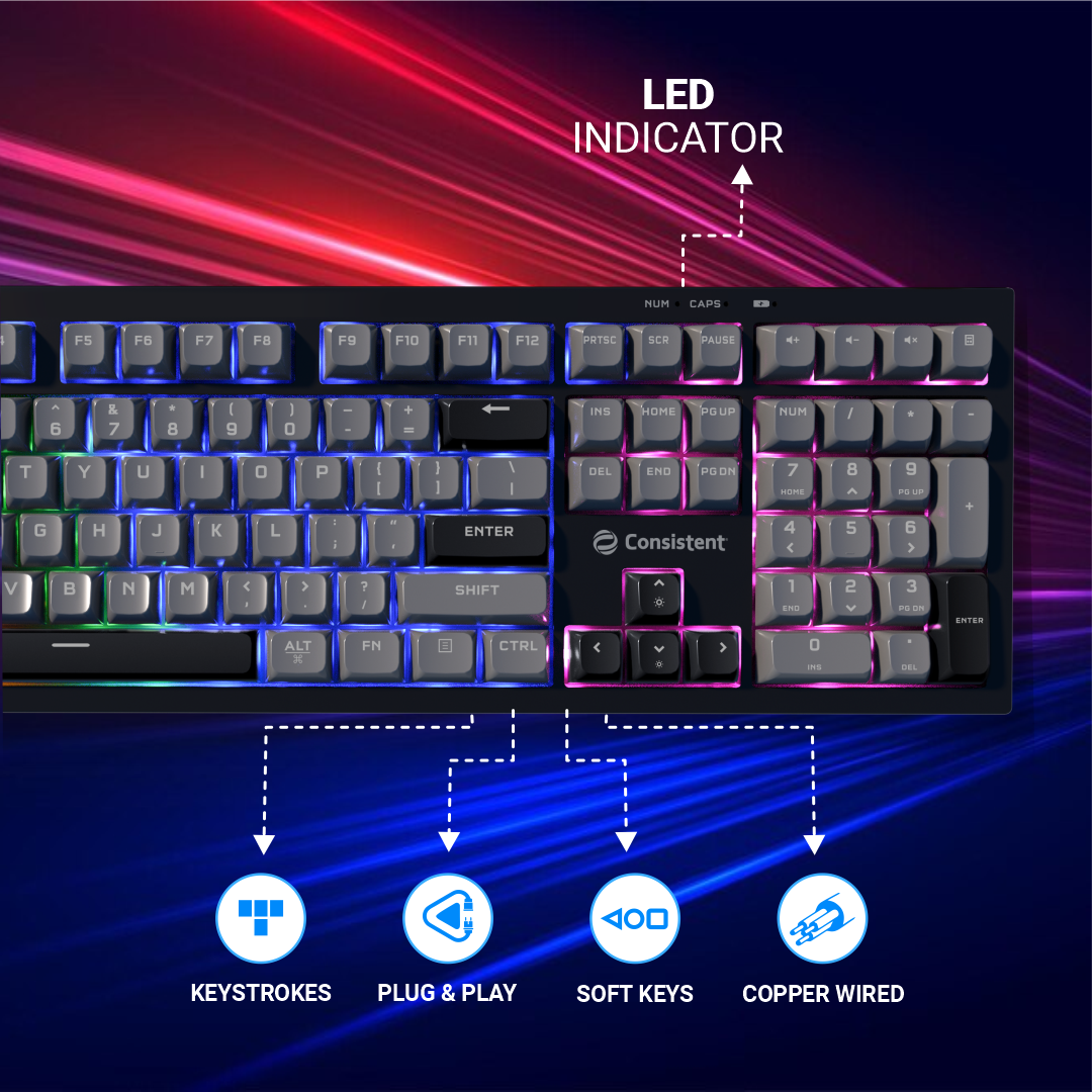 Consistent STORM Gaming Triple Mode Wireless RGB Keyboard (CTGK1130) for Windows, USB Plug-and-Play, Keystrokes, RGB lighting, Stylish Slim Design, 19 keys Anit-Ghosting.
