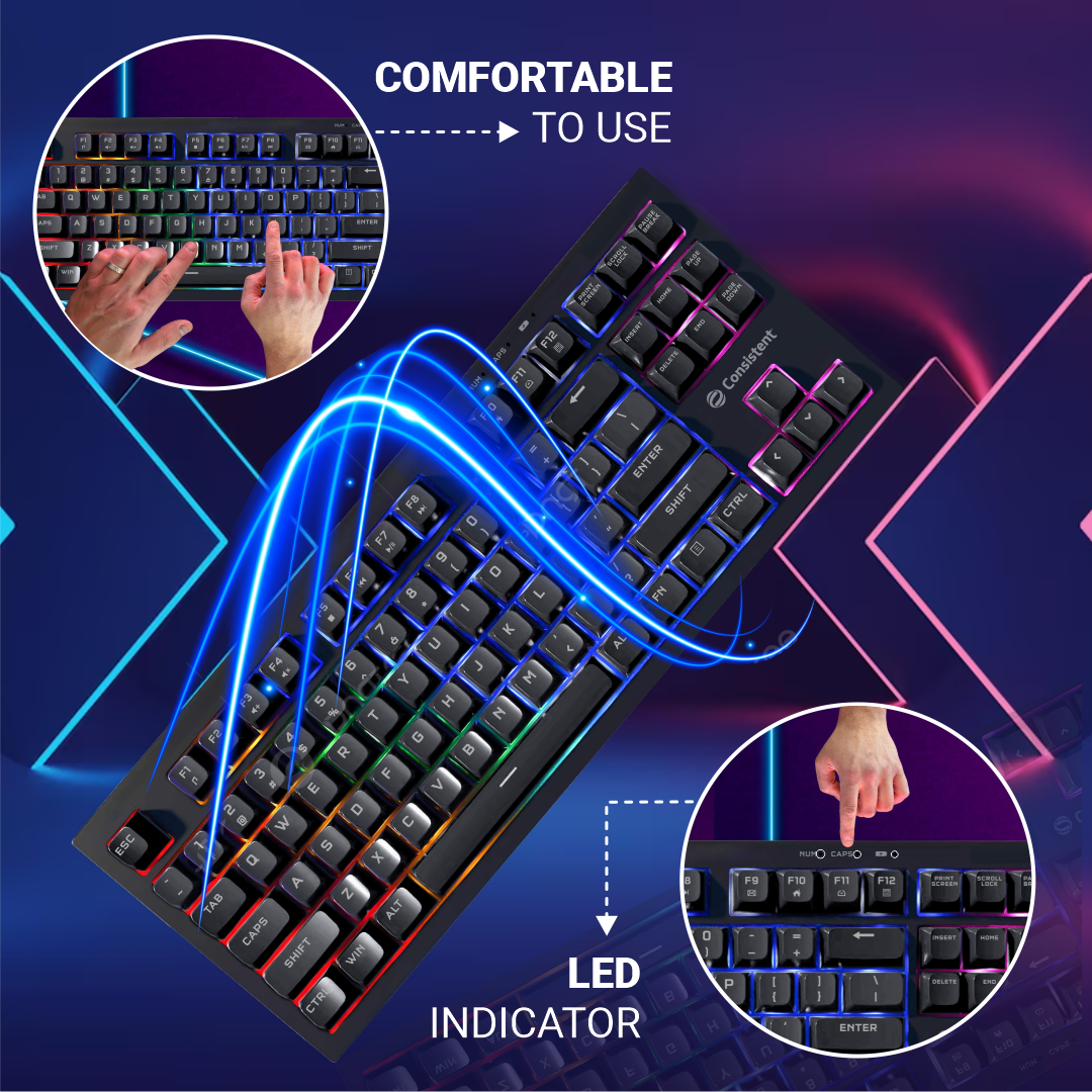 Consistent PARADOX Gaming Wired Keyboard (CTGK1112) for Windows, USB Plug-and-Play, Keystrokes, Rainbow Breath Light, 1.5 Cable Length.