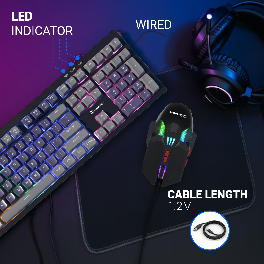 Consistent Avenger Gaming Combo Wired RGB Mouse & Keyboard (CTGK1151) for Windows, USB Plug-and-Play, Keystrokes, Rainbow Breath Light, 1.5 Cable Length, DPI-3600 7D Mouse, 26 Keys Anti-ghosting.
