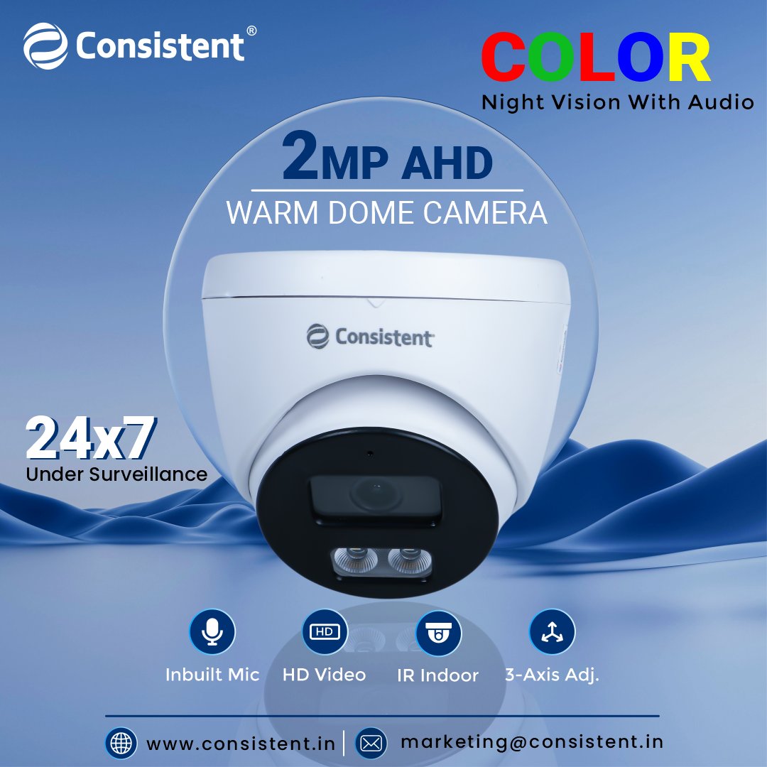 Consistent 2MP CCTV AHD DOME CAMERA (CTCMHDW2MPA), |Support: Audio (TVI , CVI)  | Multiple Angle Adjustment | 3D Noise Reduction | Lens 3.6 mm Fixed lens.