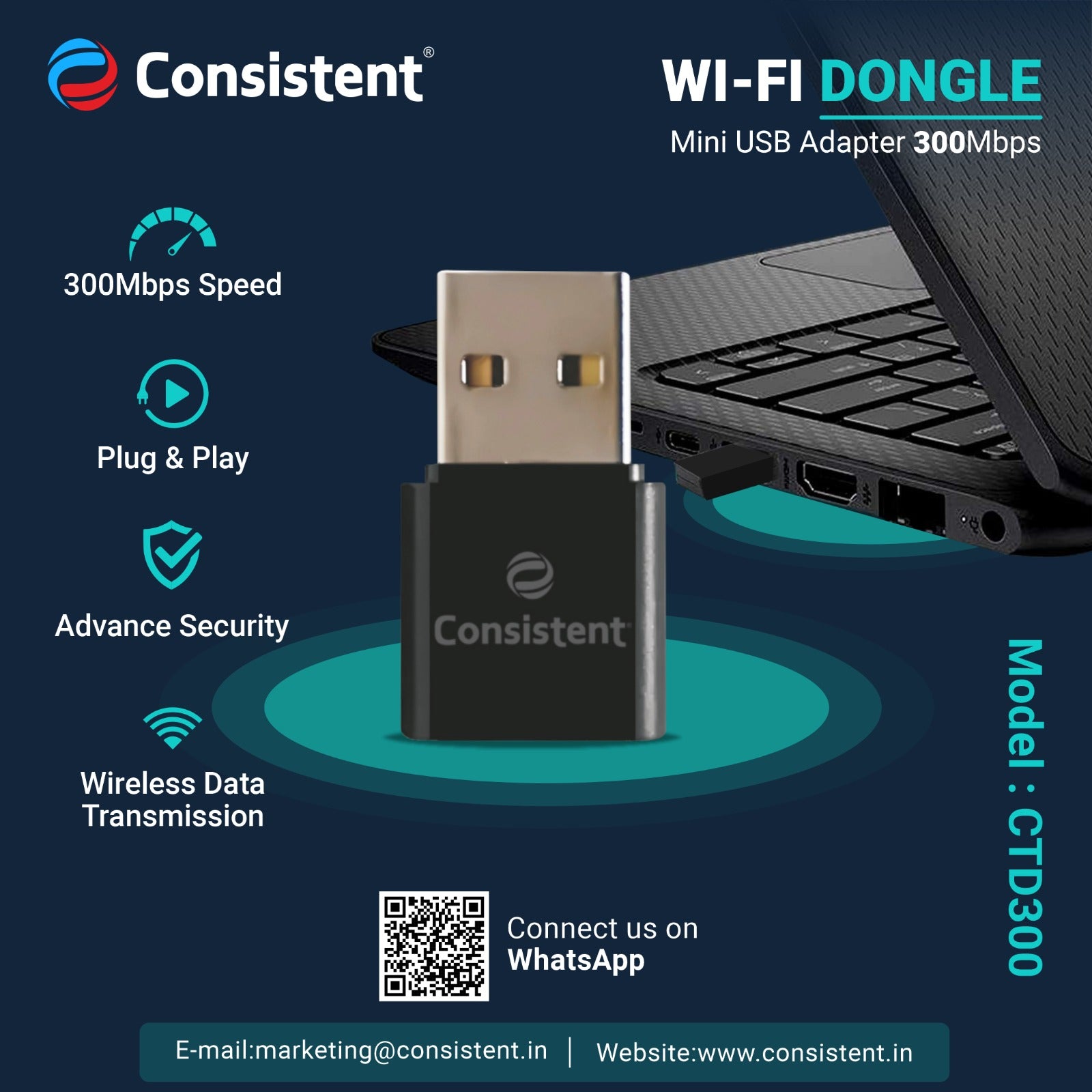 Consistent WiFi Mini USB Adapter 300Mbps WiFi USB Mini Adapter Supports, Wireless Data, Comes with Advanced Security WPA/WPA2 encryption Standards(Black).