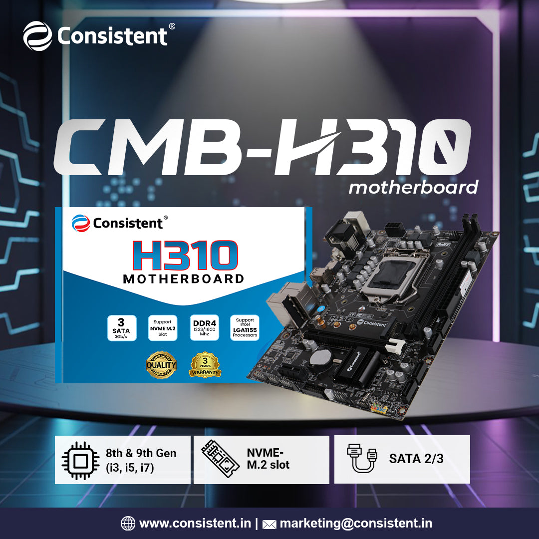 Consistent H-310 Motherboard 8th, 9th Gen i3, i5, i7, DDR4 Slots for RAM, with NVME-M.2 Slot, Motherboard with Sound Card, SATA III, 3 Years Warranty