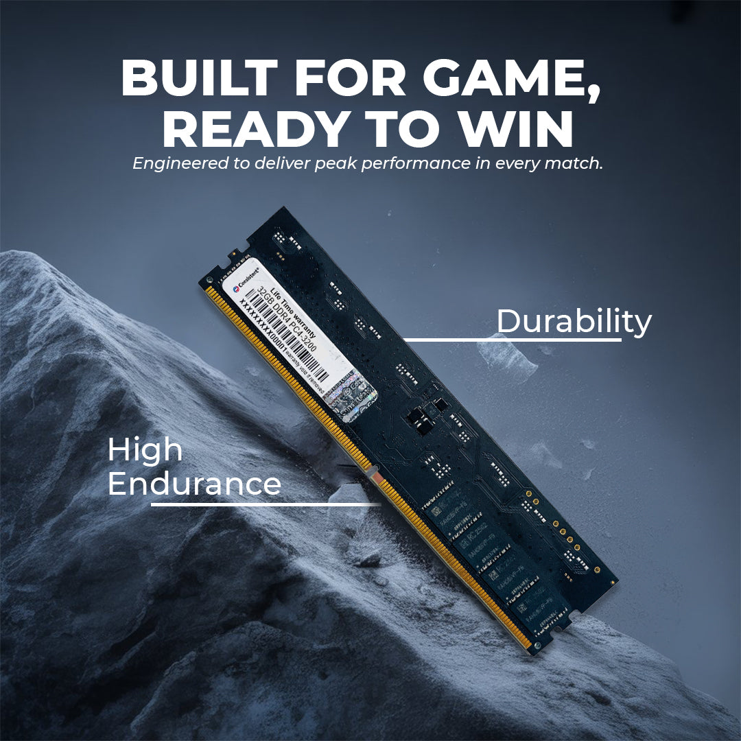 Consistent 32GB DDR4 Yeti Desktop RAM module with 3200MHz speed, compatible with DDR4 motherboards for high-performance PCs.
