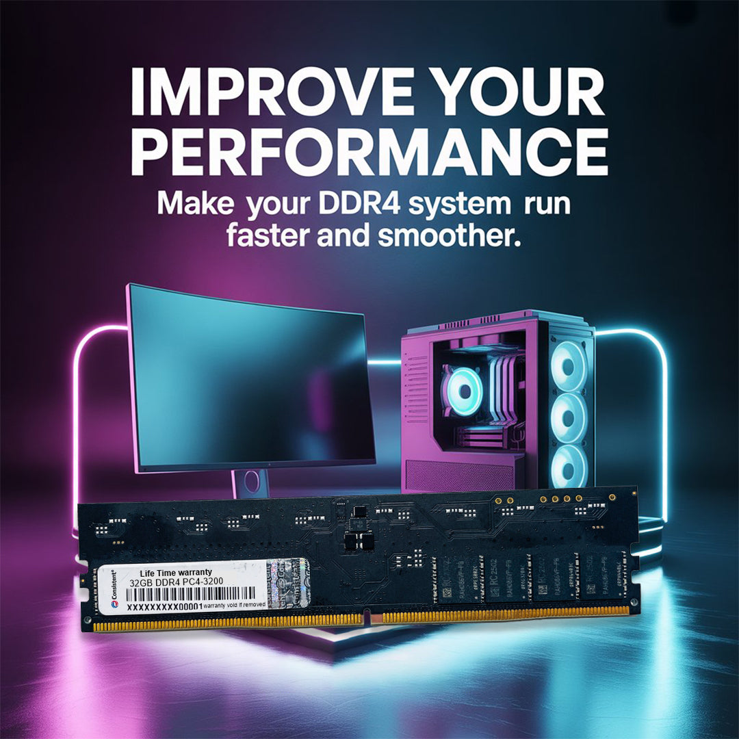 Consistent 32GB DDR4 Yeti Desktop RAM module, 3200MHz, for PC with lifetime warranty, compatible with DDR4 motherboards and processors.