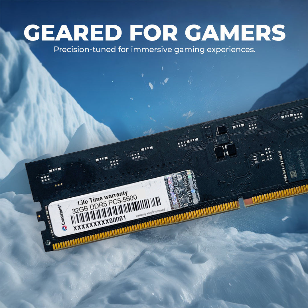 Consistent 32GB DDR5 Yeti Desktop RAM module with 5600MHz speed for DDR5-compatible PCs, featuring lifetime warranty.