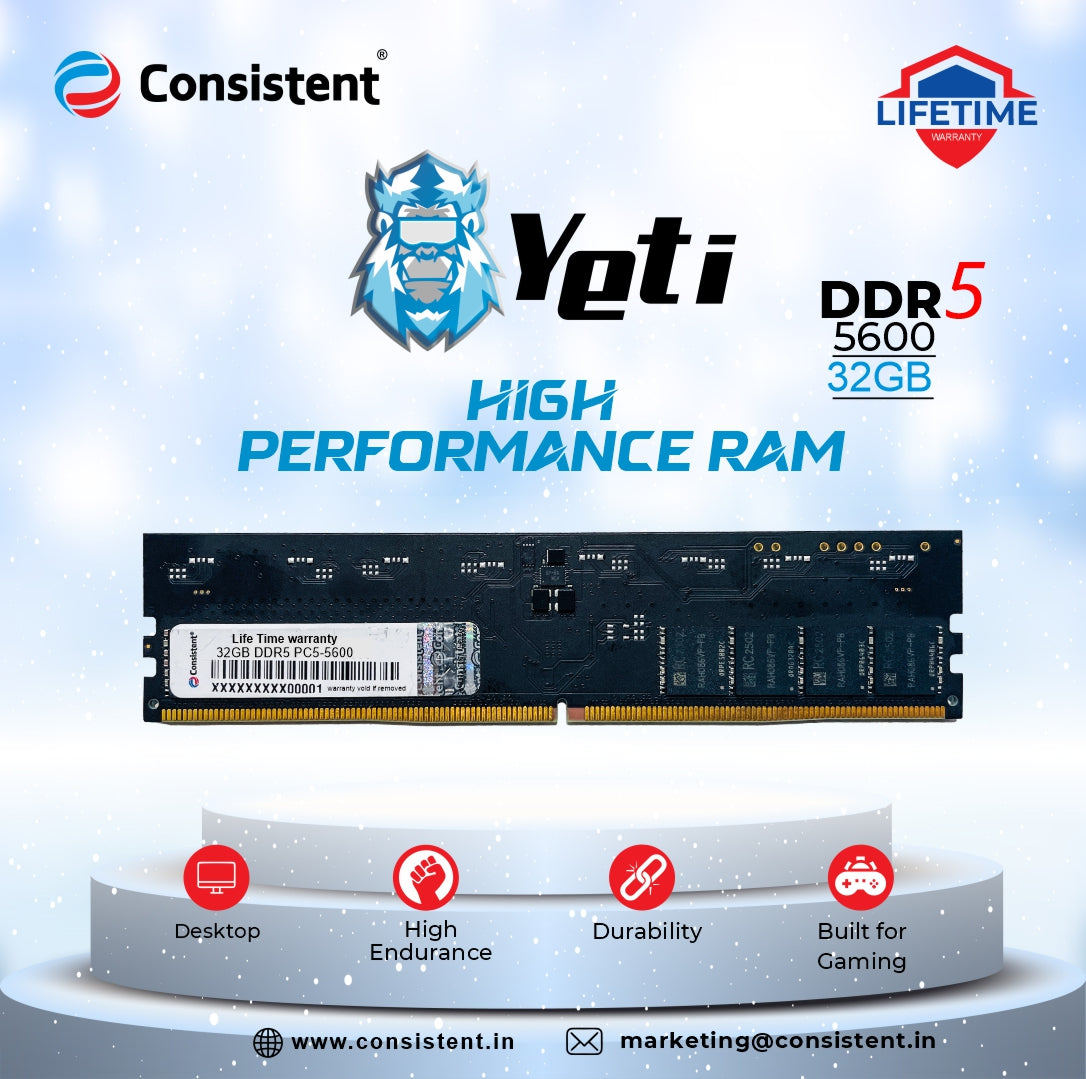 Consistent 32GB DDR5 Yeti Desktop Ram for PC 5600mhz with life time warranty Works with DDR5-enabled motherboards and processors for next-generation computing systems.