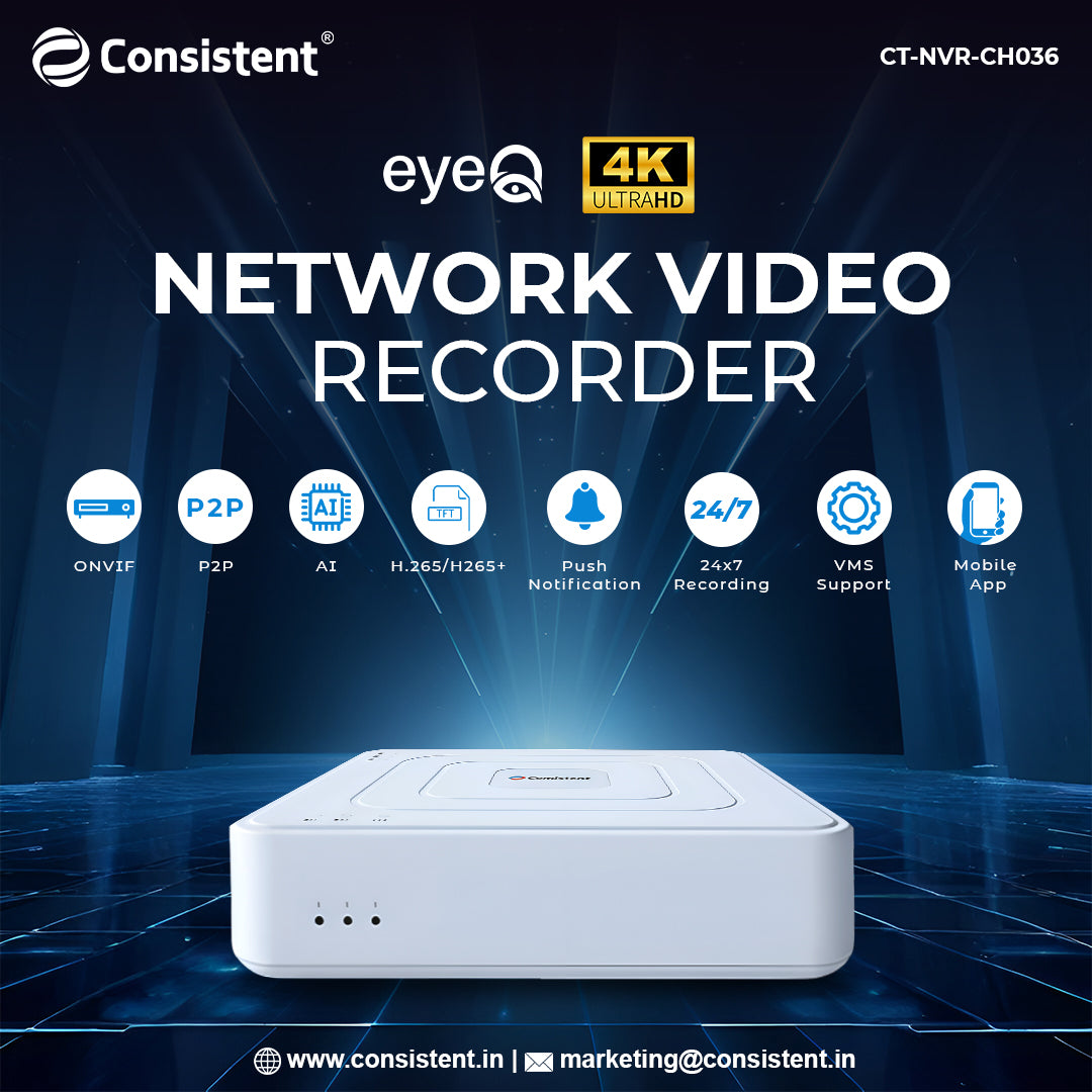 Consistent EYEQ Series 36 Channel NVR (CT-NVR-CH536) | 4K Ultra HD Network Video Recorder for IP Security Cameras | H.265+ Video Compression | PoE Support | Advanced Motion Detection