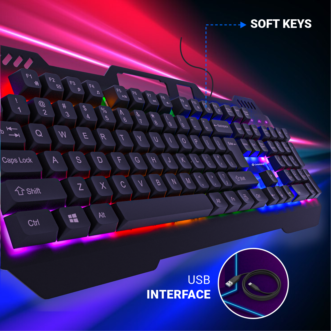 Consistent Black Panther Gaming Combo Wired Mouse & Keyboard (CTGK1150) for Windows, USB Plug-and-Play, Keystrokes, Rainbow Breath Light, 1.5 Cable Length, DPI-3600 7D Mouse.