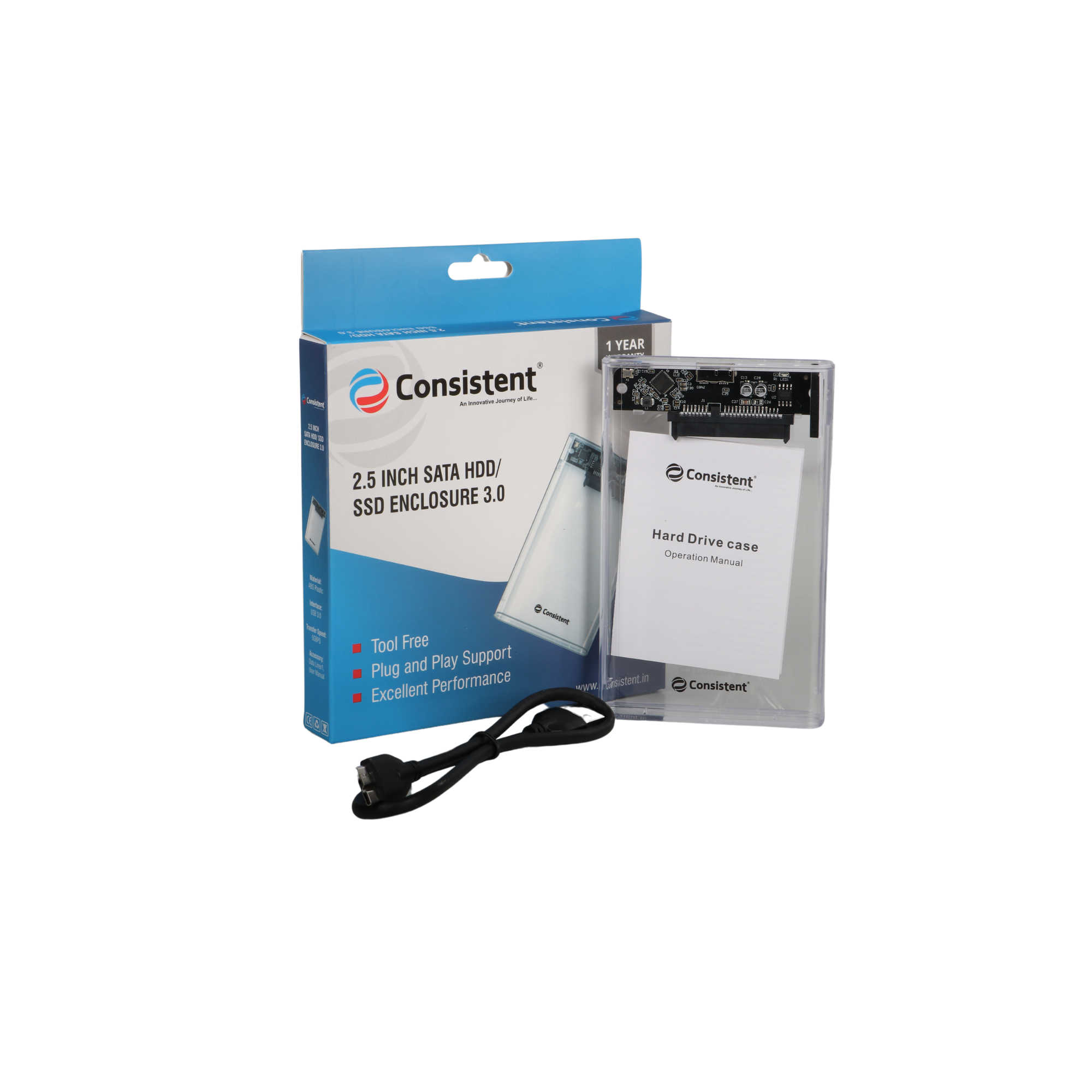 Transparent Consistent 2.5-inch SATA HDD/SSD enclosure with tool-free design, supports 7mm and 9.5mm drives, USB 3.0 portable case.