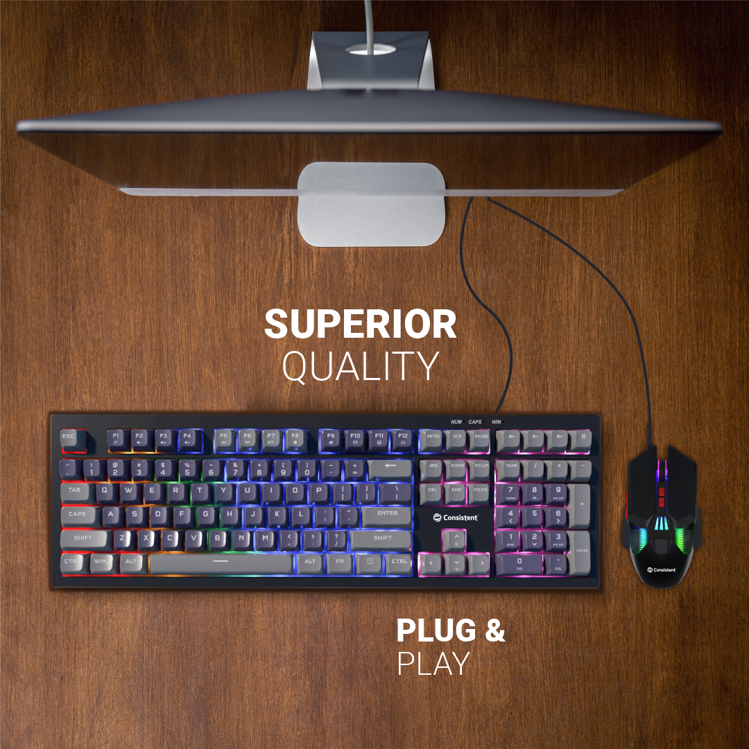 Consistent Avenger Gaming Combo Wired RGB Mouse & Keyboard (CTGK1151) for Windows, USB Plug-and-Play, Keystrokes, Rainbow Breath Light, 1.5 Cable Length, DPI-3600 7D Mouse, 26 Keys Anti-ghosting.