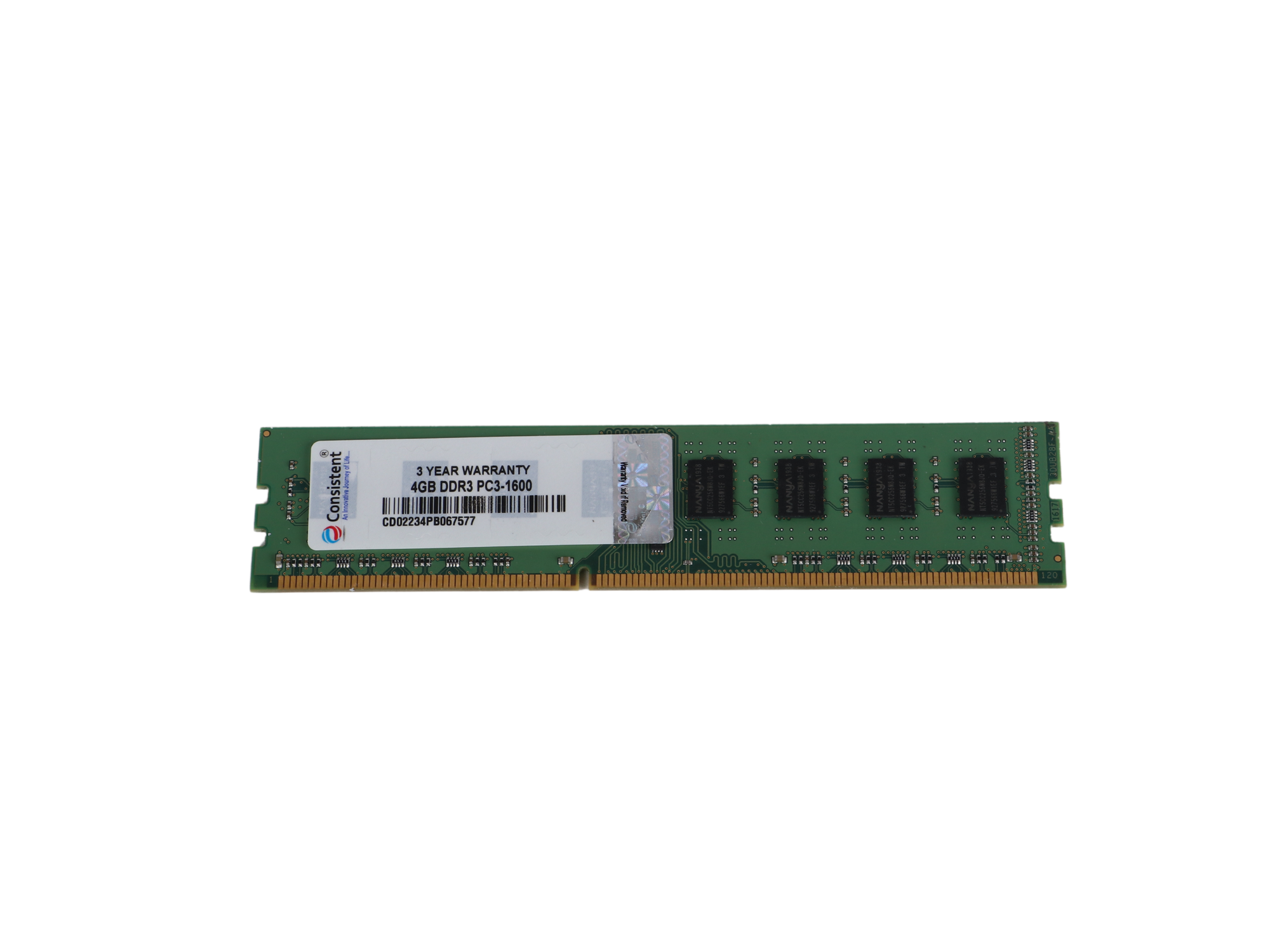 Consistent 4GB DDR3 RAM 1600MHz desktop memory module, Long-DIMM (UDIMM) for gaming and standard desktops.