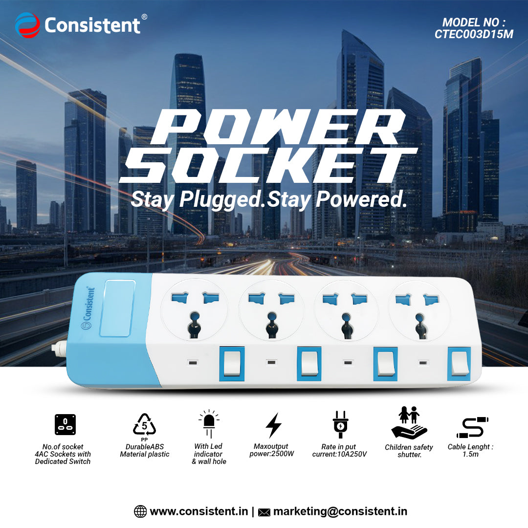 Consistent POWER SOCKET EXTENSION With 4AC Sockets 1.5m (CTEC003D15M ...