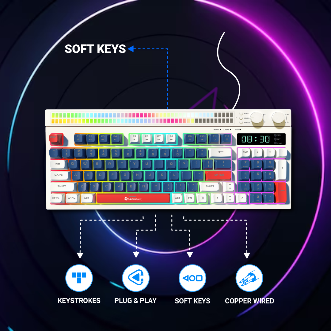 Consistent Moonlite Gaming Wired RGB Keyboard (CTGK1113) for Windows, USB Plug-and-Play, Keystrokes, RGB LED Effect, Stylish Slim Design, Water resistant, Noise free, 26 keys Anit-Ghosting.