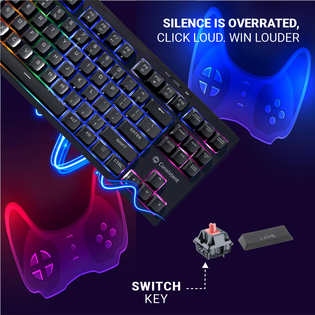Consistent PARADOX Gaming Wired Keyboard (CTGK1112) for Windows, USB Plug-and-Play, Keystrokes, Rainbow Breath Light, 1.5 Cable Length.