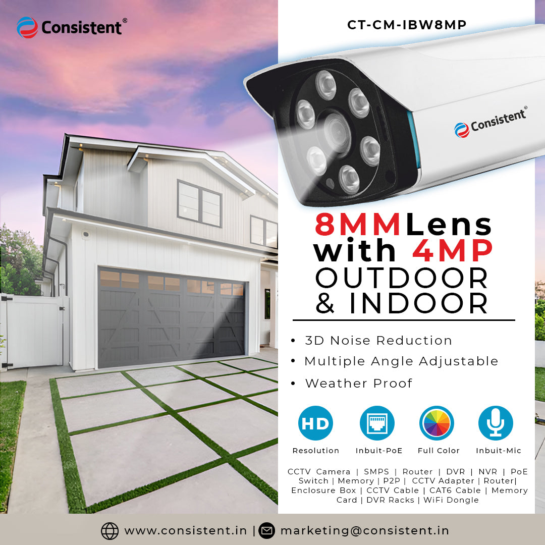 Consistent 8MM  4MP IP Outdoor Warm Bullet Camera(CT-CM-IBW8MM), | Multiple Angle Adjustment | 3D Noise Reduction | Inbuilt MIC | Support ONVIF | Weather Proof | Inbuilt POE | Color Distance 40 meters.