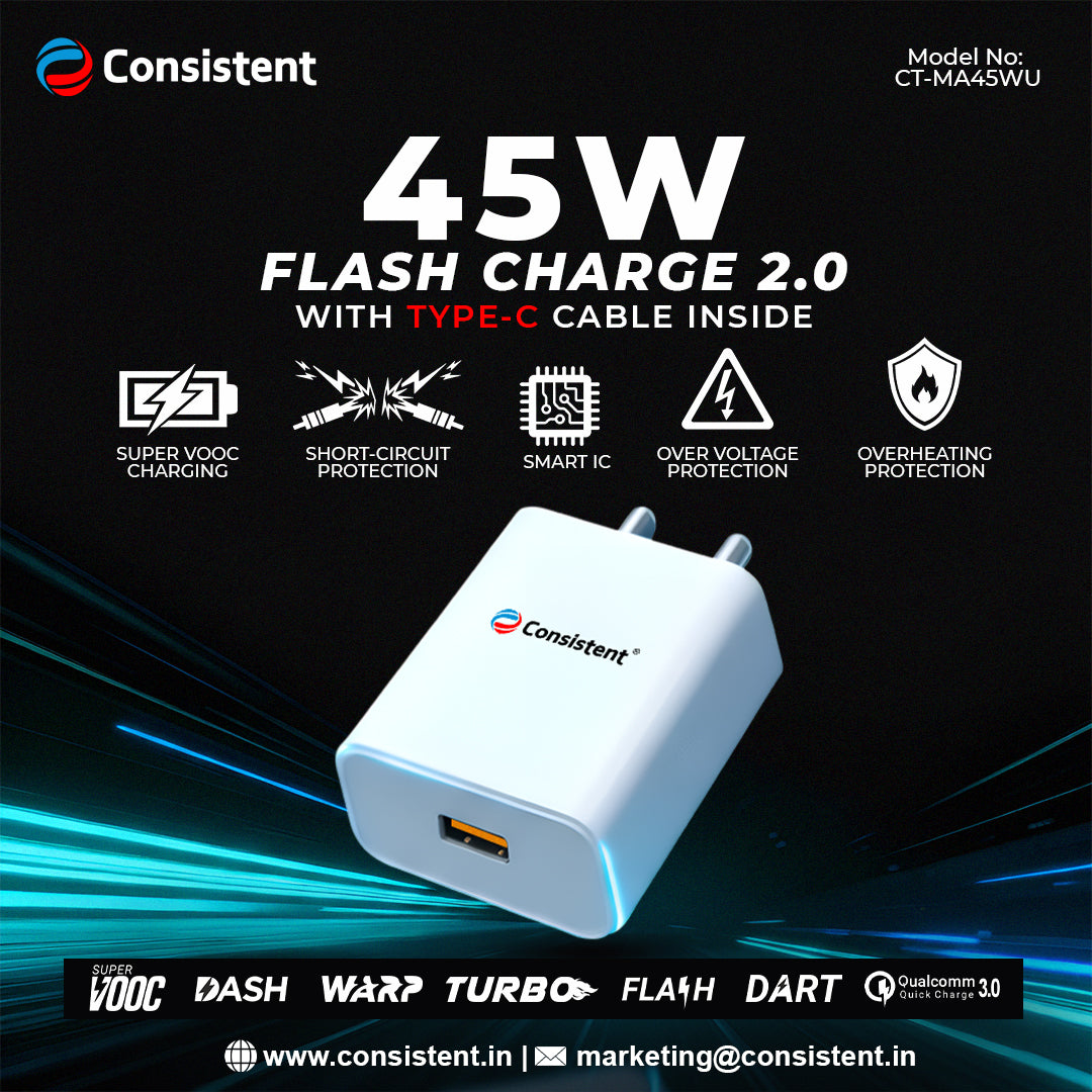 CONSISTENT 45W FLASH CHARGE 2.0 WITH TYPE-C CABLE INSIDE (CT-MA45WU)