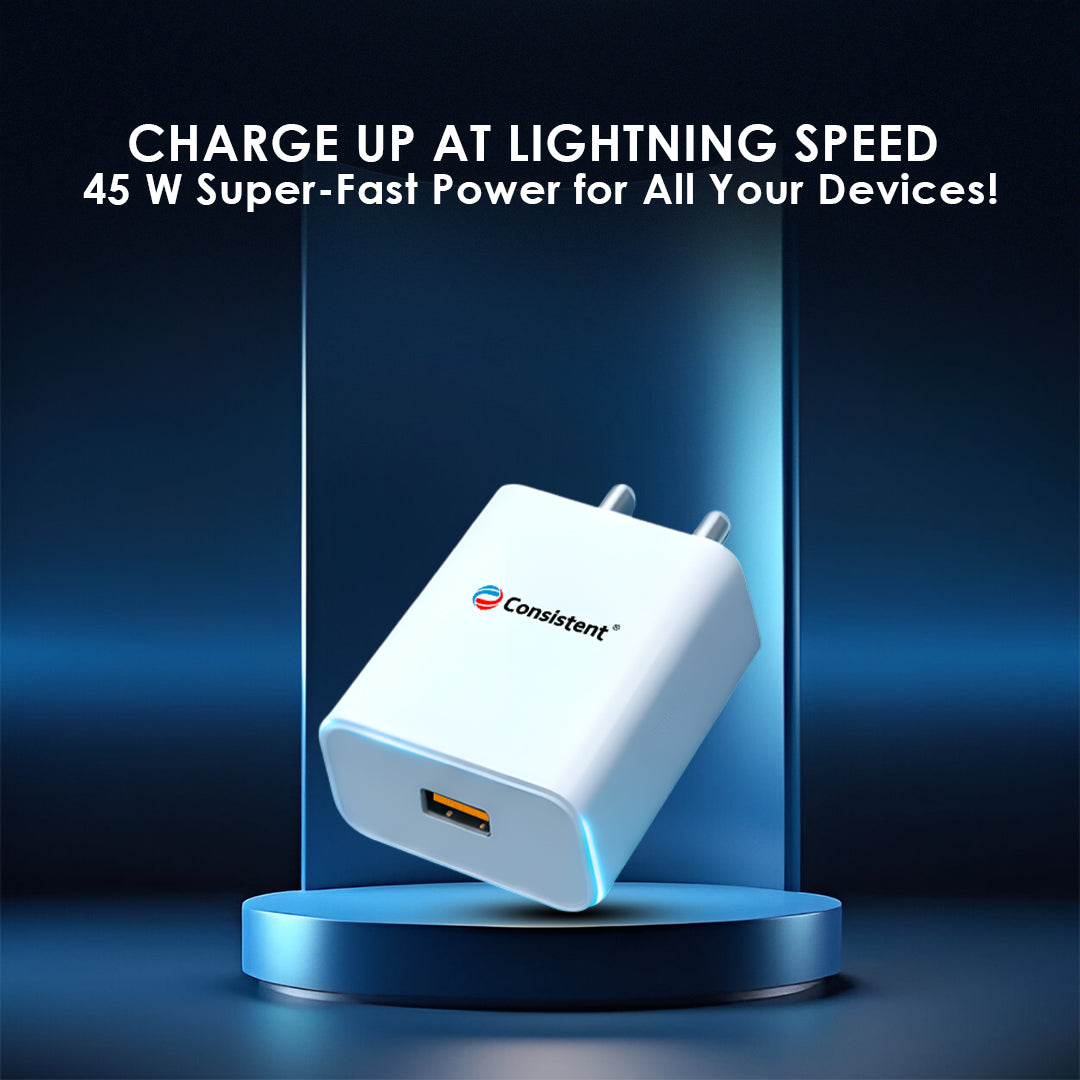 Consistent 45W Flash Charger 2.0 with Type-C cable inside, compact and portable fast-charging power adapter for smartphones and devices.