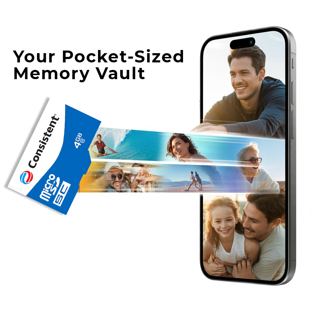 Consistent Micro SD card with 4GB storage, high performance, and 5-year warranty, shown in close-up image.