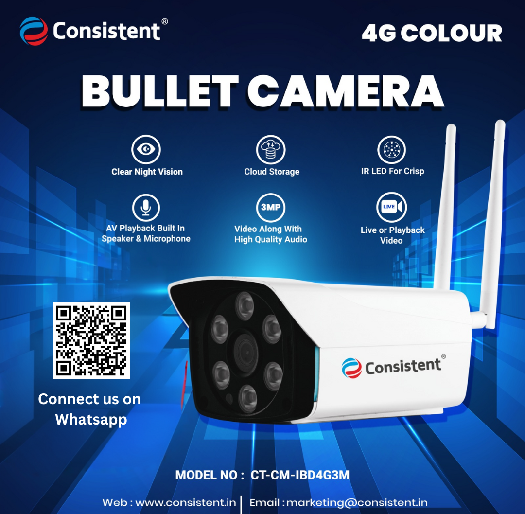 Consistent 4G Colour Bullet 3MP Camera 4G Sim Card Supported Outdoor Smart Bullet Camera | Support RJ45 Port and 4G Sim | Two Way Talk |Full Colour Night Vision| IP66 Waterproof Rating (CT-CM-IBD4G3M)