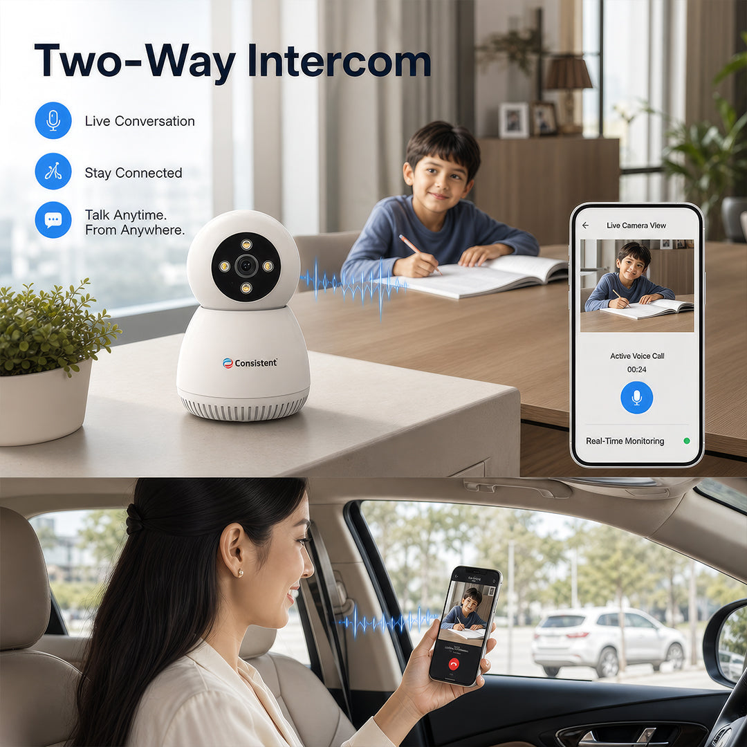 Consistent Wireless Wi-Fi 3MP Mini Robot Camera from CEYE Series with pan tilt, smart human detection, mounted on a wall.