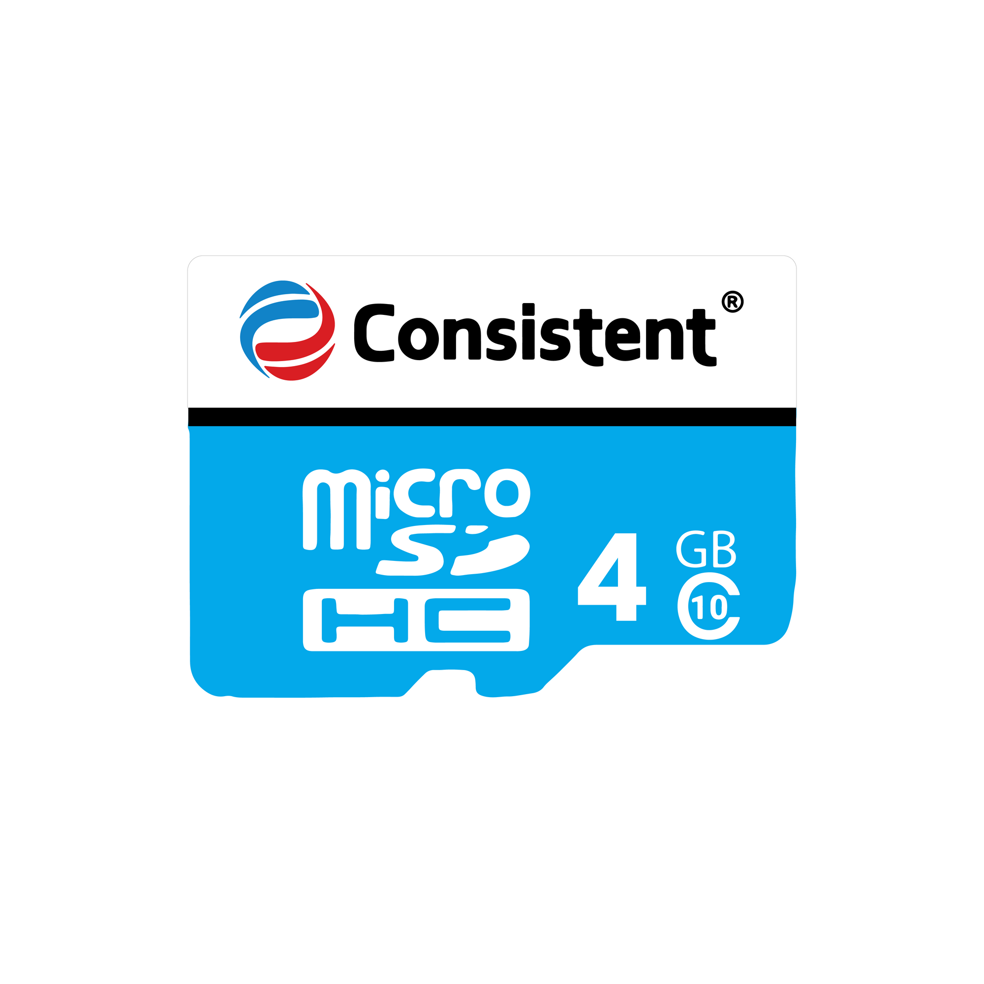 Consistent Micro SD Card 4GB high-performance storage with 5-year warranty, featuring a compact design and data transfer ports.