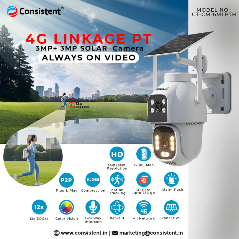 Consistent 4G LINKAGE Pan tilt Solar Camera , 3MP+3MP Dual lens, Two W ...