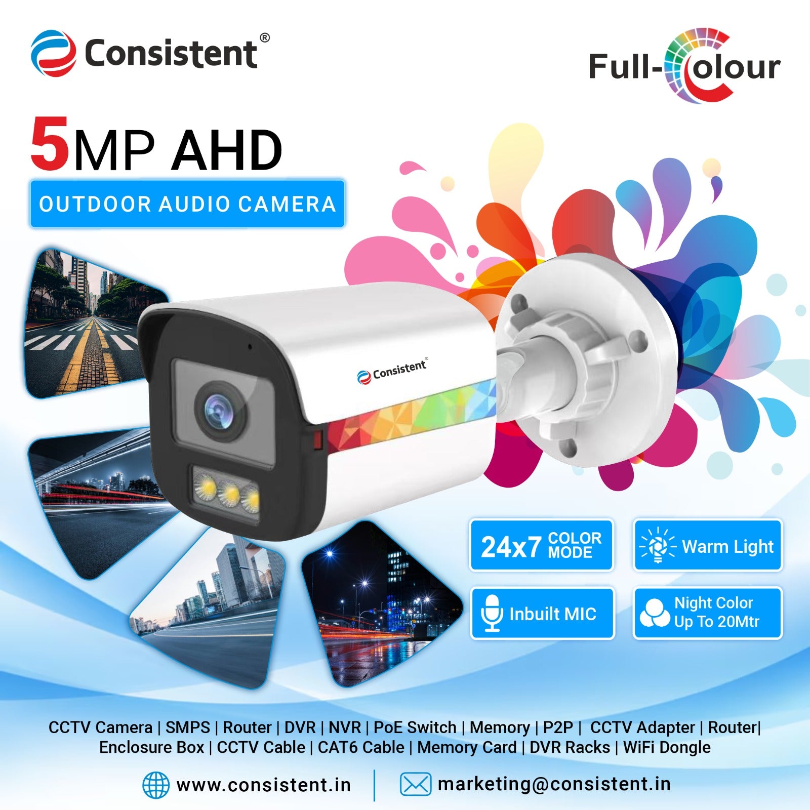 Consistent 5MP CCTV AHD BULLET CAMERA(CTCMHBW5MPA), |Support: Audio (TVI , CVI)  | Multiple Angle Adjustment | 3D Noise Reduction | Lens 3.6 mm Fixed lens