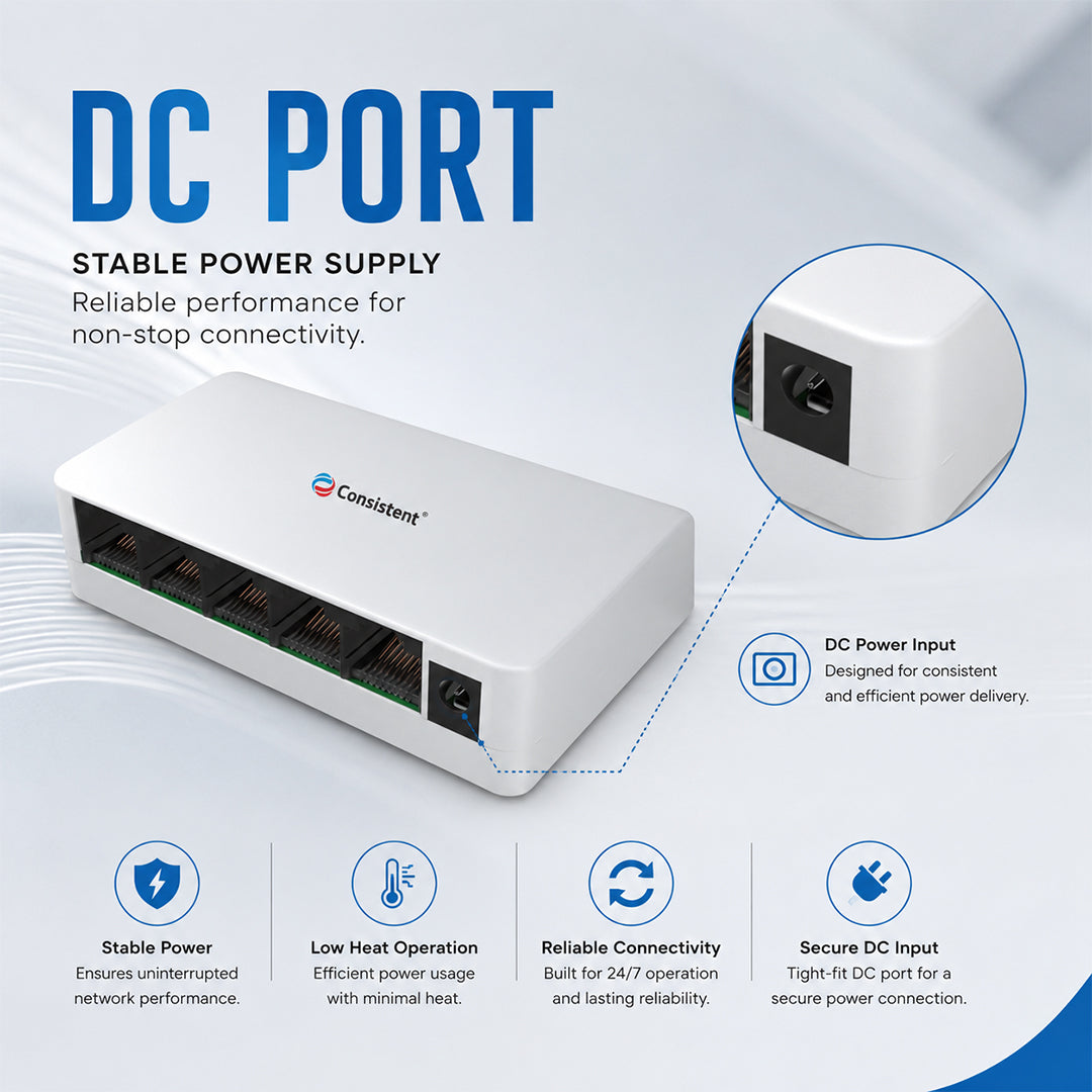 Consistent Desktop 5 Port Ethernet GIGASwitch (CT-DS-05PG) 5V/1A Power Suppy, 10/100/1000Mbps Speed, Forwarding Rate 0.744Mbps, 10 Gbps Bandwidth, IEEE802.3,IEEE802.3u Network.