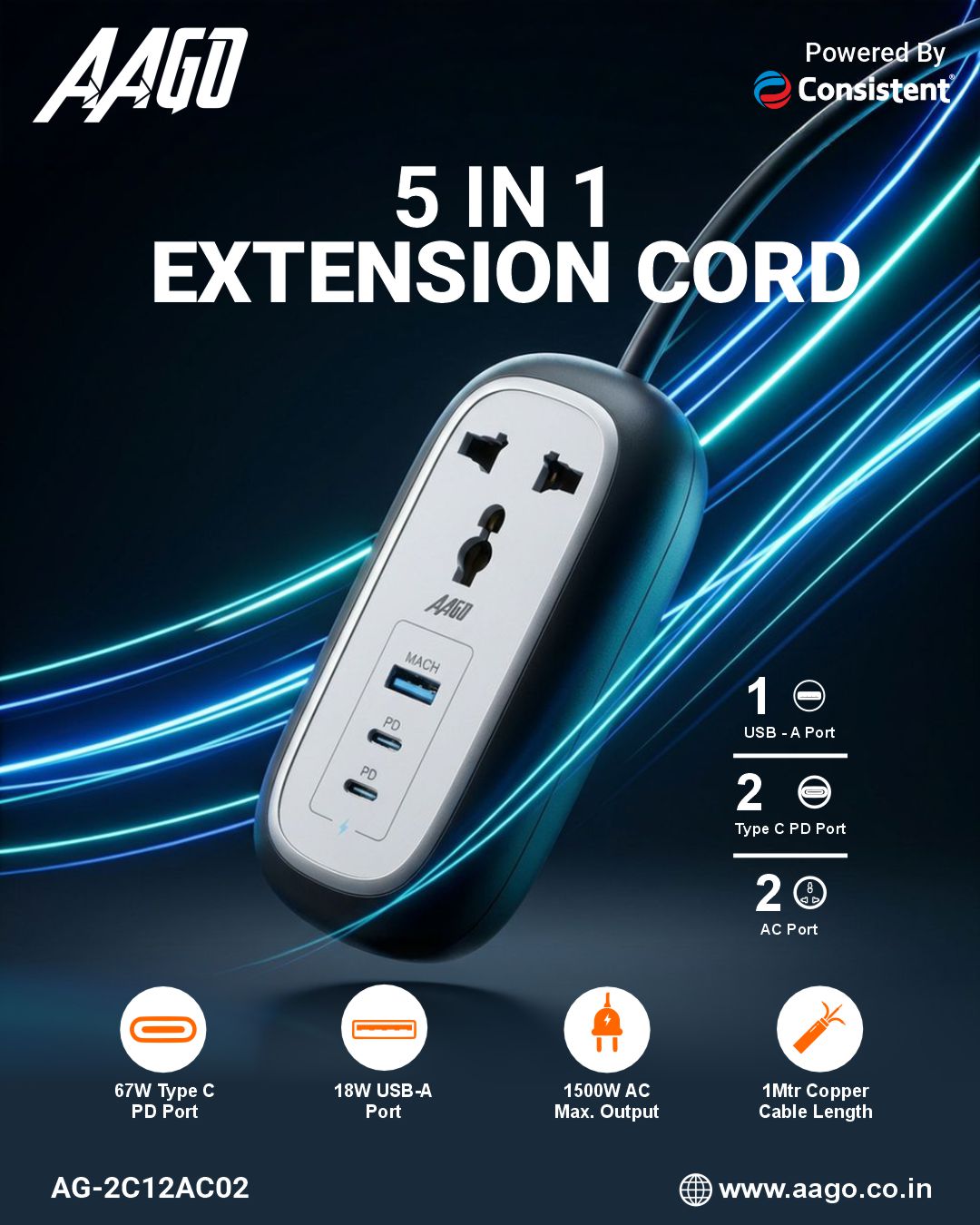 AAGO 5 in 1 Extension Cord with 67W Type-C PD Fast Charging (AG-2C12AC02)