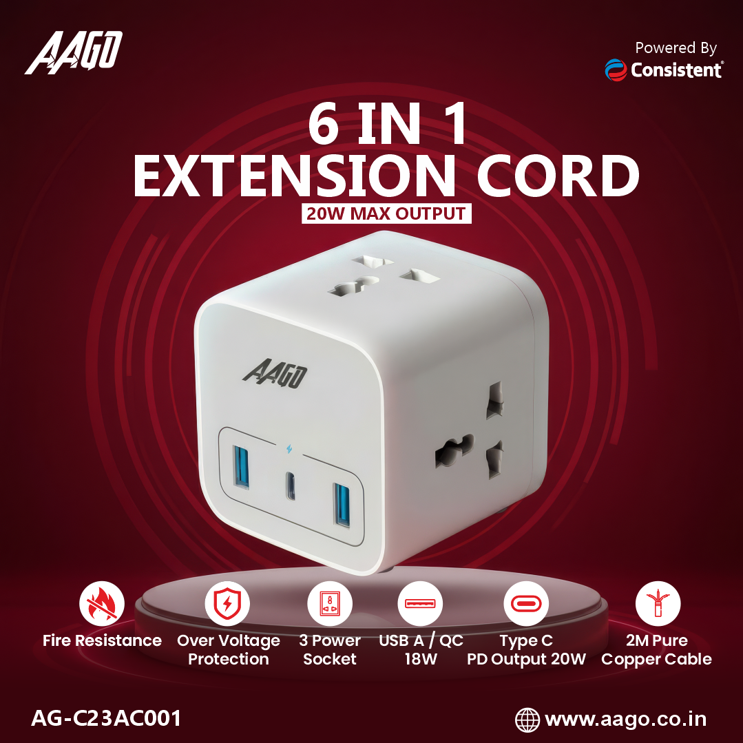 AAGO 6 in 1 Extension Cord with 20W Type-C PD & QC Fast Charging (AG-C23AC001)
