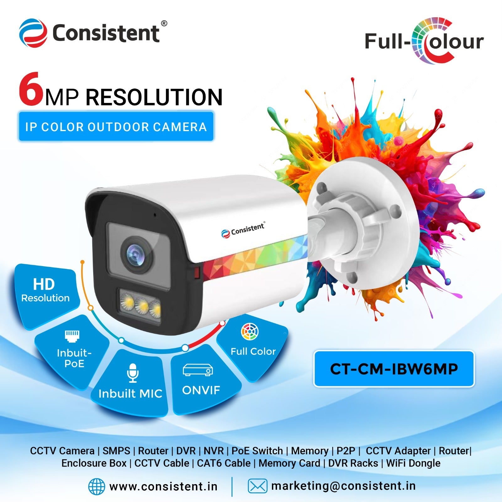 Consistent 6MP CCTV Camera Bullet (CT-CM-IBW6MP), |Support: Audio (TVI , CVI)  | Multiple Angle Adjustment | 3D Noise Reduction.