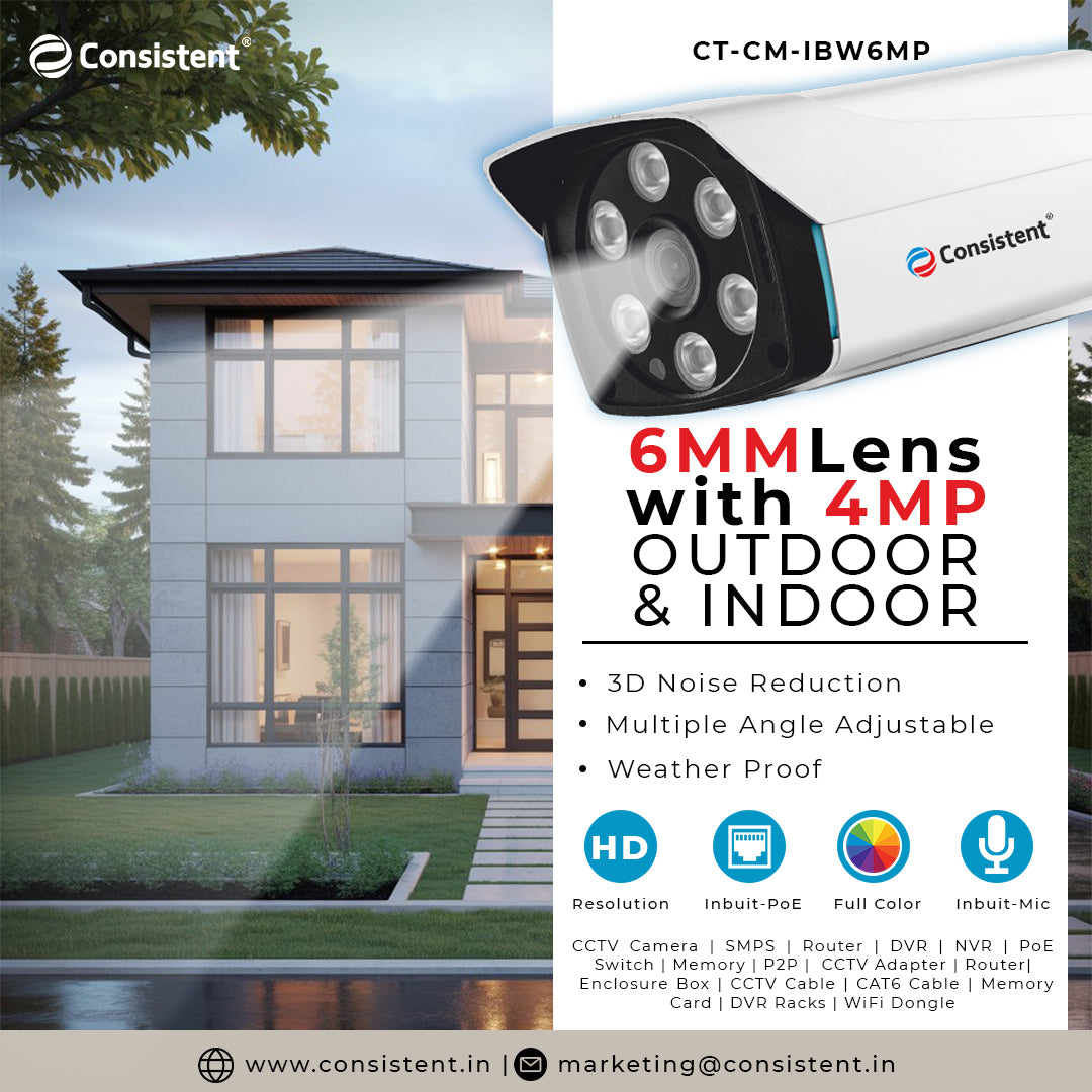 Consistent 6MM  4MP IP Outdoor Warm Bullet Camera, | Multiple Angle Adjustment | 3D Noise Reduction | Inbuilt MIC | Support ONVIF | Weather Proof | Inbuilt POE | Color Distance 30 meters.