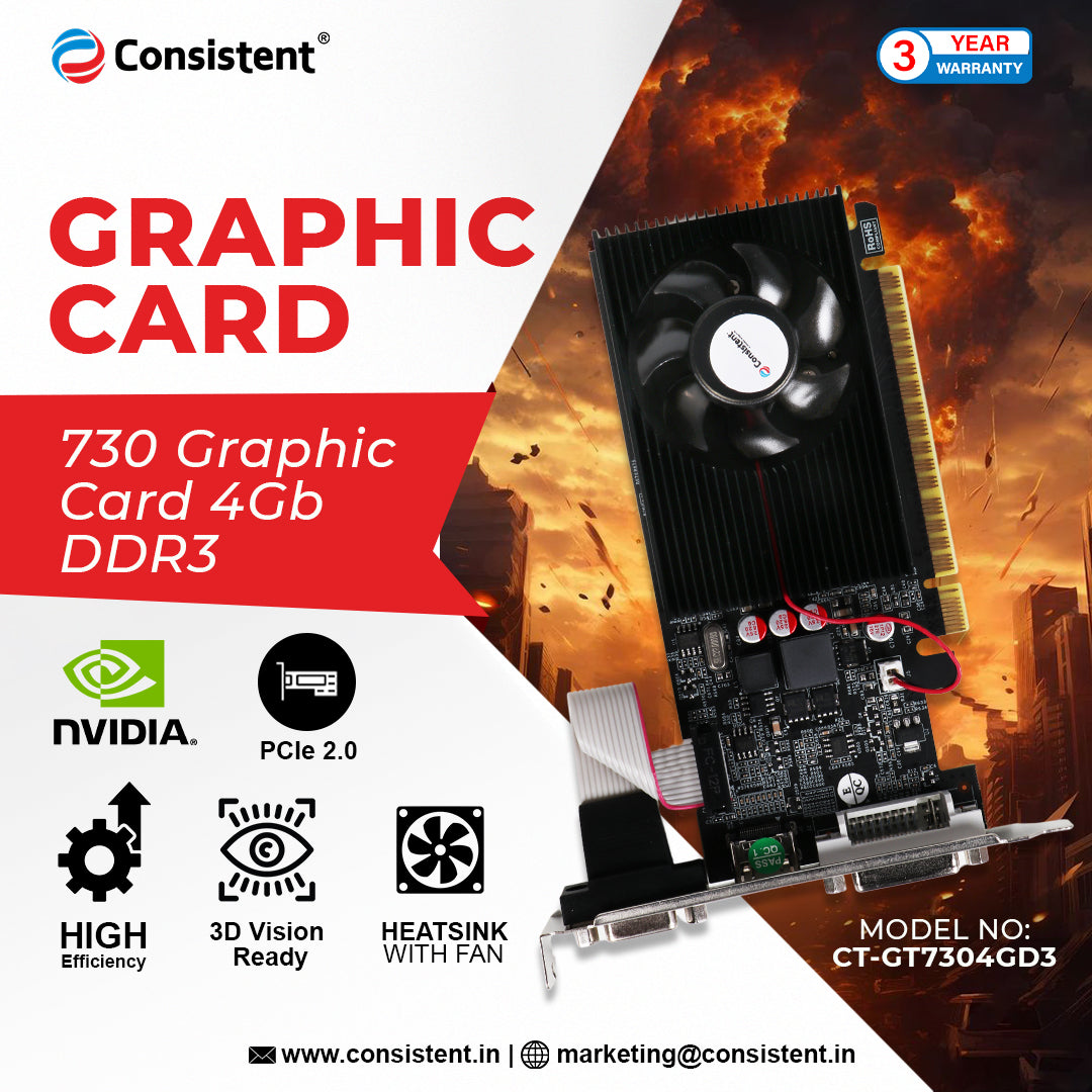 Consistent 730 Graphics Card 4GB DDR3 128-bit, Low Profile Graphics Card, Computer GPU, PCI Express x16, 2K Support, Fermi, DirectX 11 with 3 Year Warranty