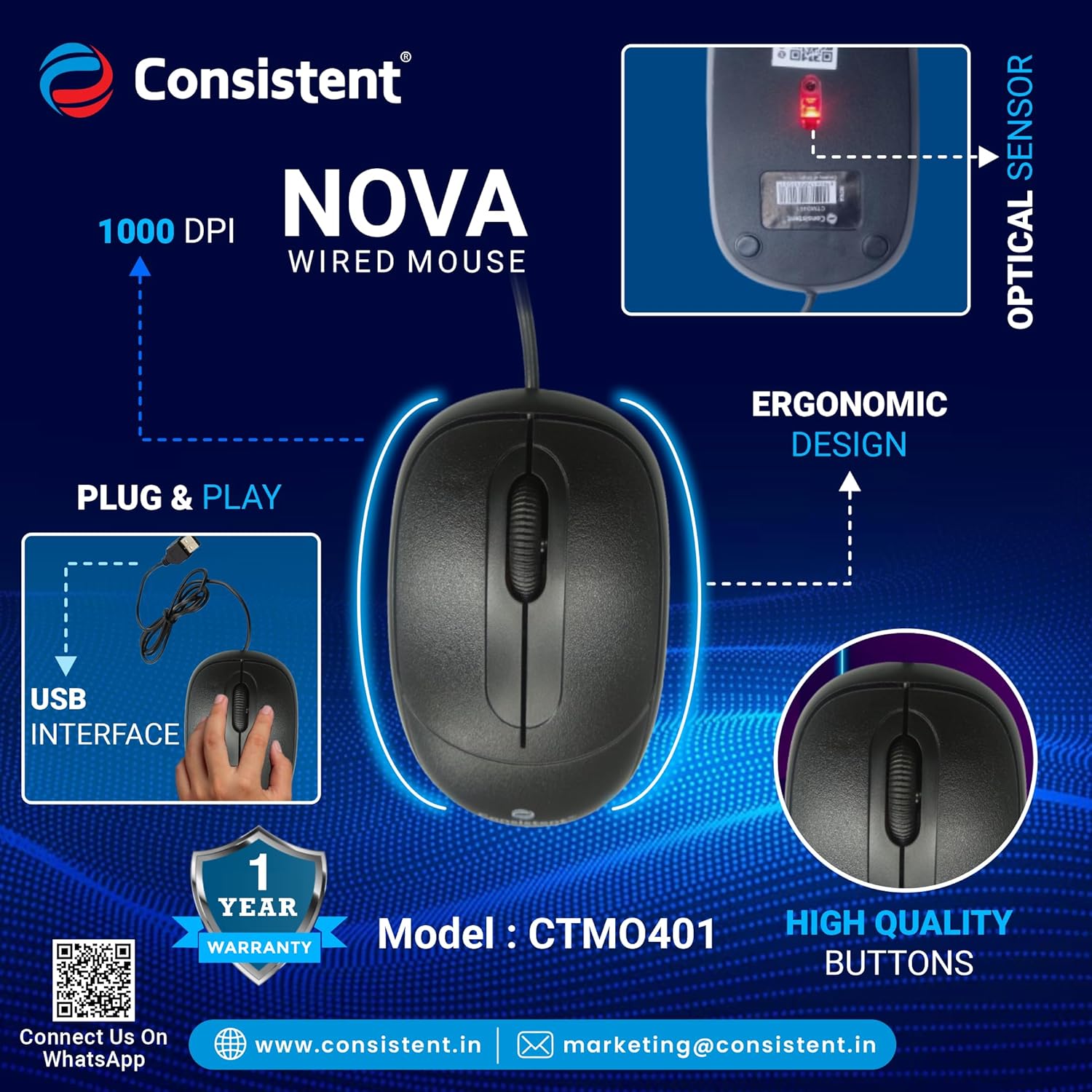 Consistent Nova Wired Mouse | Ergonomic Design | 1000 DPI | Optical ...