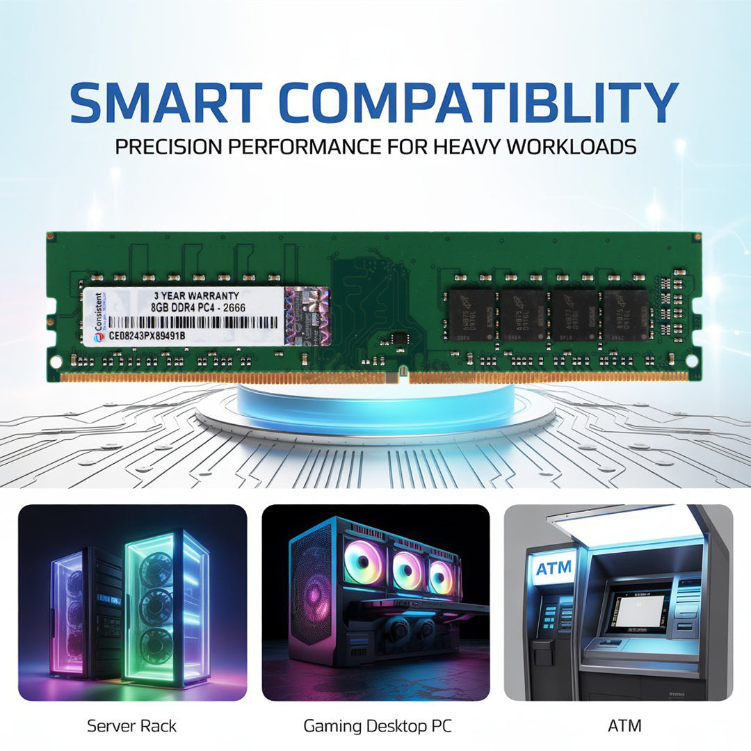 Consistent 8GB DDR4 Desktop RAM,2666MHz 'Reduce power consumption by up to 40% and extend battery life 3 Years Replacement Warranty