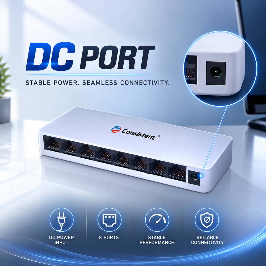 Consistent Desktop 8 Port Ethernet GIGA Switch (CT-DS-08PG) 5V/1A Power Suppy, 10/100/1000Mbps Speed, Forwarding Rate 1.1904Mbps, 1.6 Gbps Bandwidth, IEEE802.3u Network.