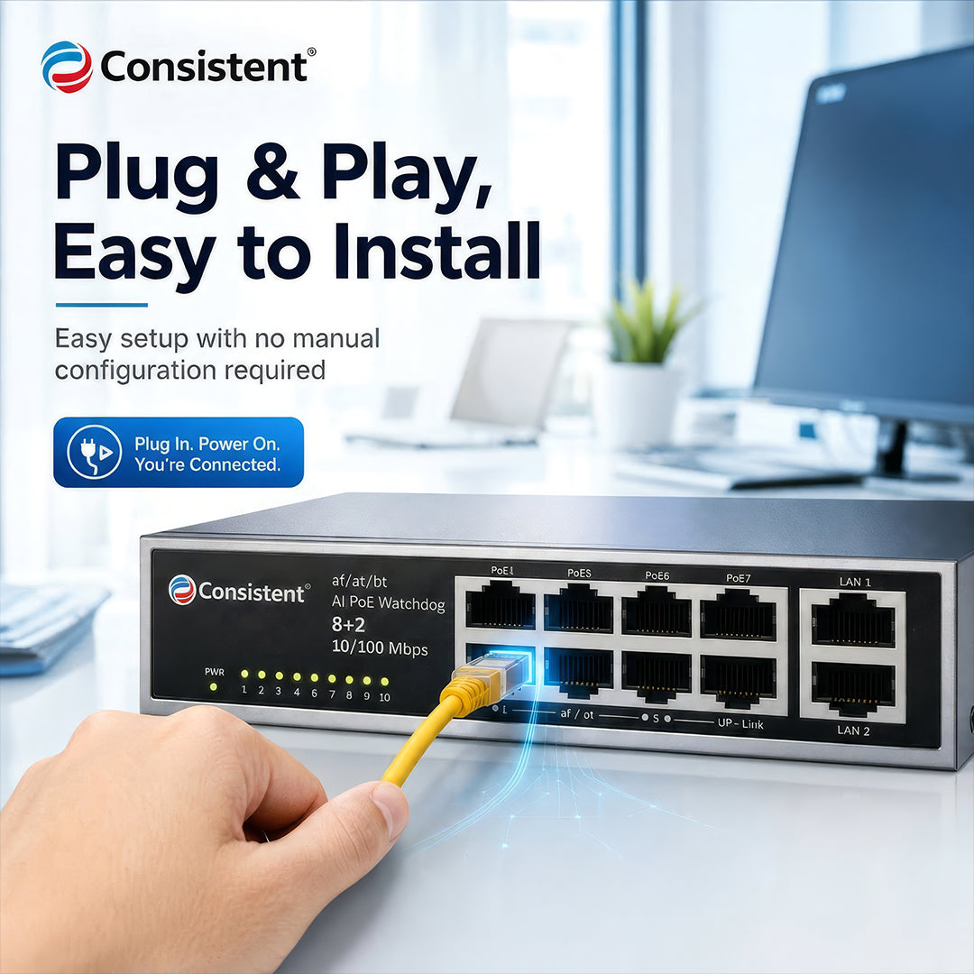 Consistent 8+2 Uplink Giga PoE Switch (C-8P-2UG) | AI PoE Watchdog | 250m Range