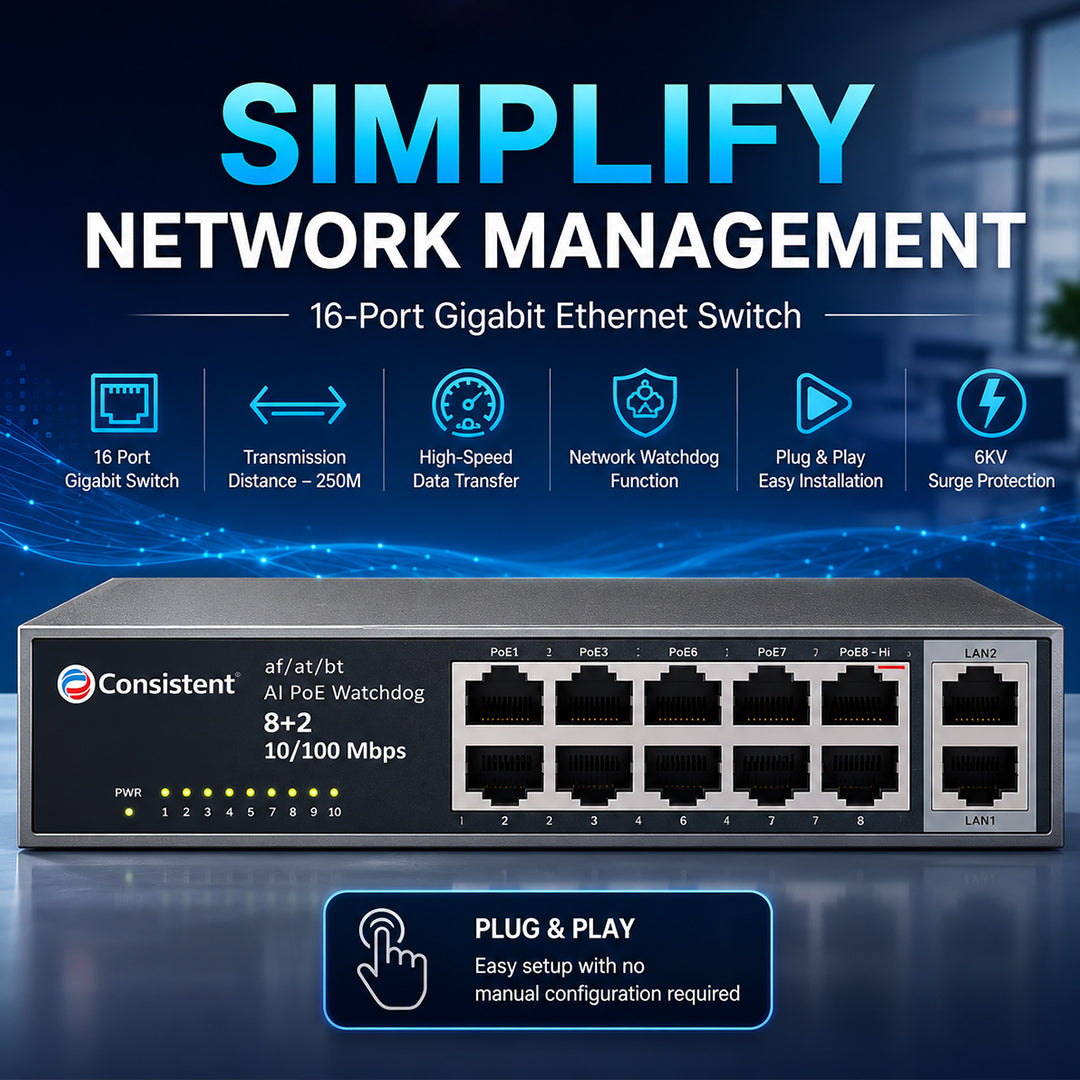 Consistent 8+2 Uplink Giga PoE Switch (C-8P-2UG) | AI PoE Watchdog | 250m Range