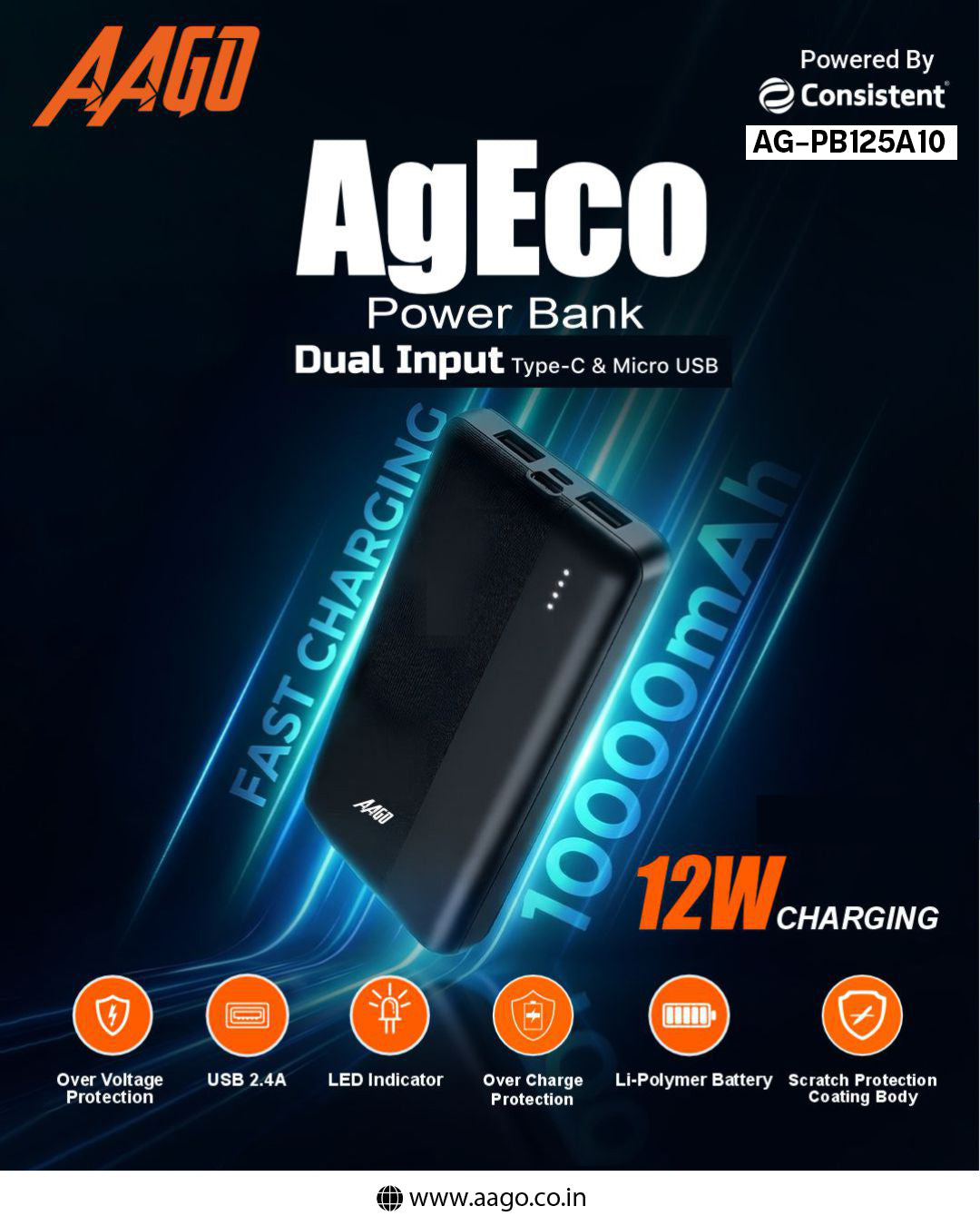 AAGO AgEco 10000mAh Power Bank with 12W Fast Charging, Dual Input &amp; Li-Polymer Battery (AG-PB125A10)
