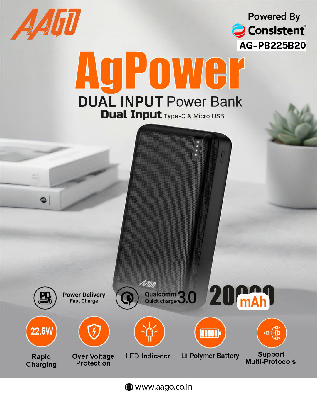 AAGO AgPower 20000mAh Fast Charging Power Bank (AG-PB225B20)