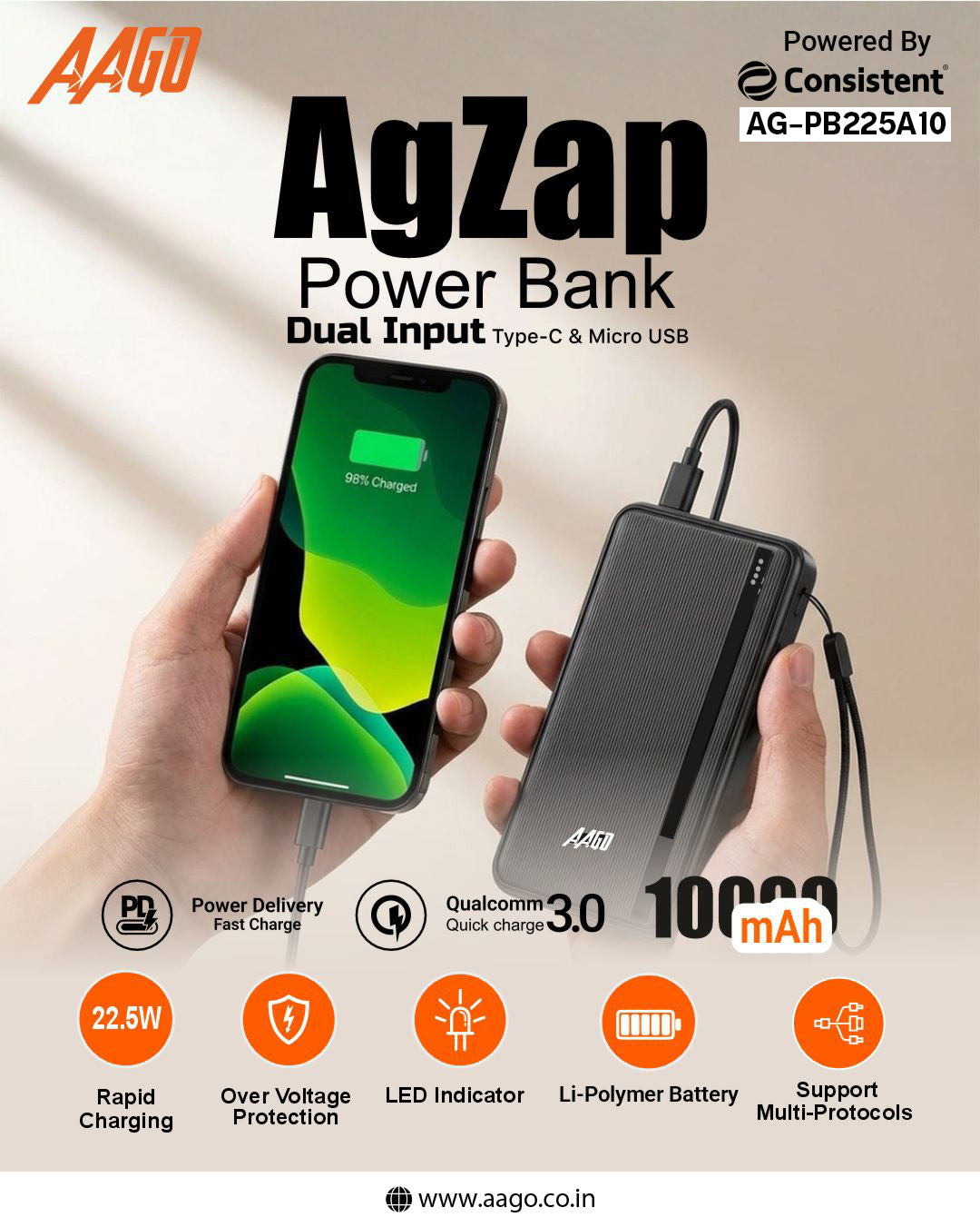 AAGO AgZap 10000mAh Fast Charging Power Bank (AG-PB225A10)