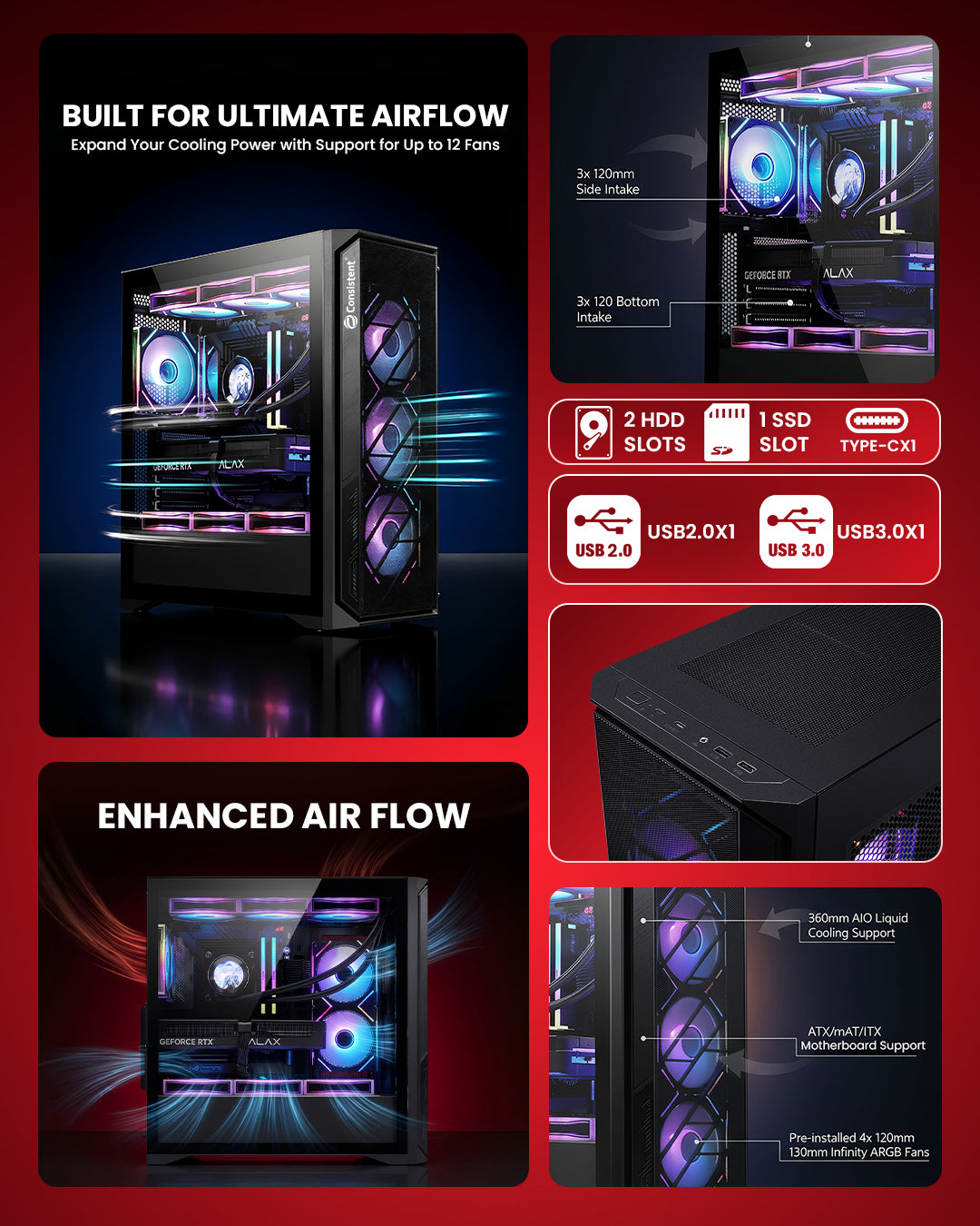 ATLAAS gaming cabinet in black with mesh front panel, designed for optimal airflow and gaming setup from Everest Store.