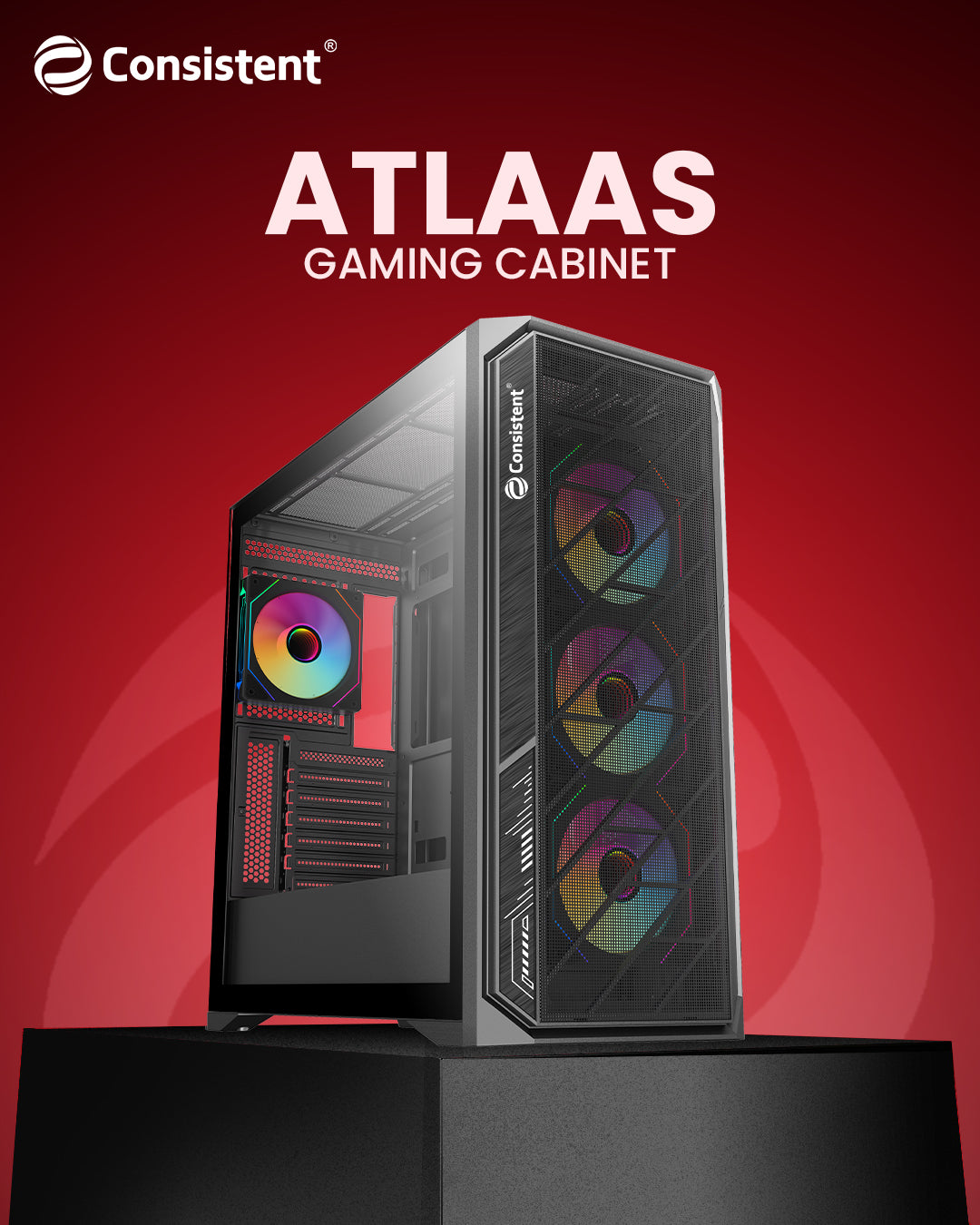 Everest Store Consistent ATLAAS gaming cabinet with black mesh front panel, ideal for gaming setups and airflow.